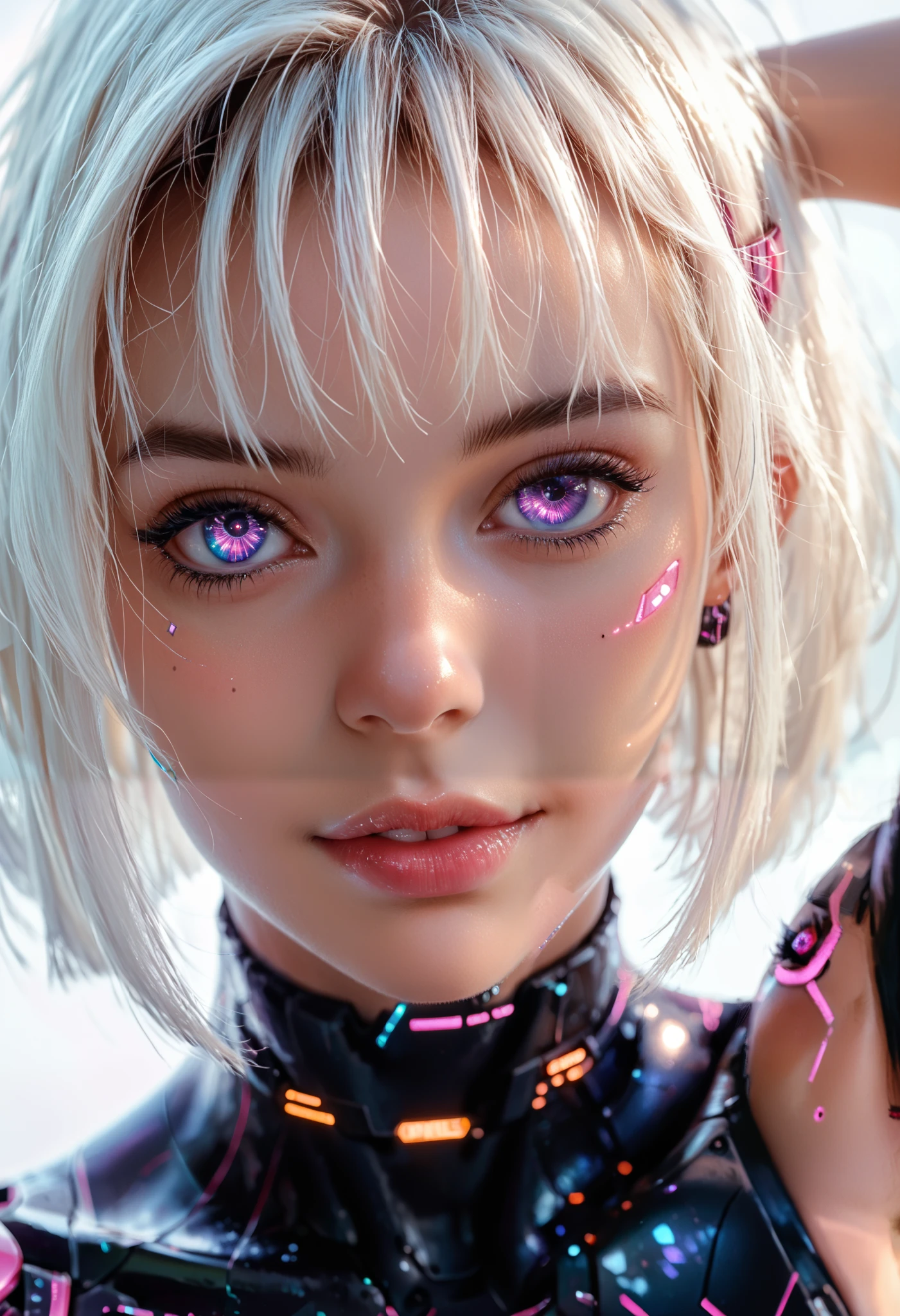 score_9,score_8_ up,score_7_ up, ultra detail, absolute resolution, 32K,Masterpiece, best quality , Super High Definition's beautiful face and eyes with attention to detail, beautiful cyborg girl, short hair, smile, Small breasts, focus on the face, watching viewers , perfect hand, (show armpit) , Perfect Anatomy, camel toes, Venus Rift, front view,