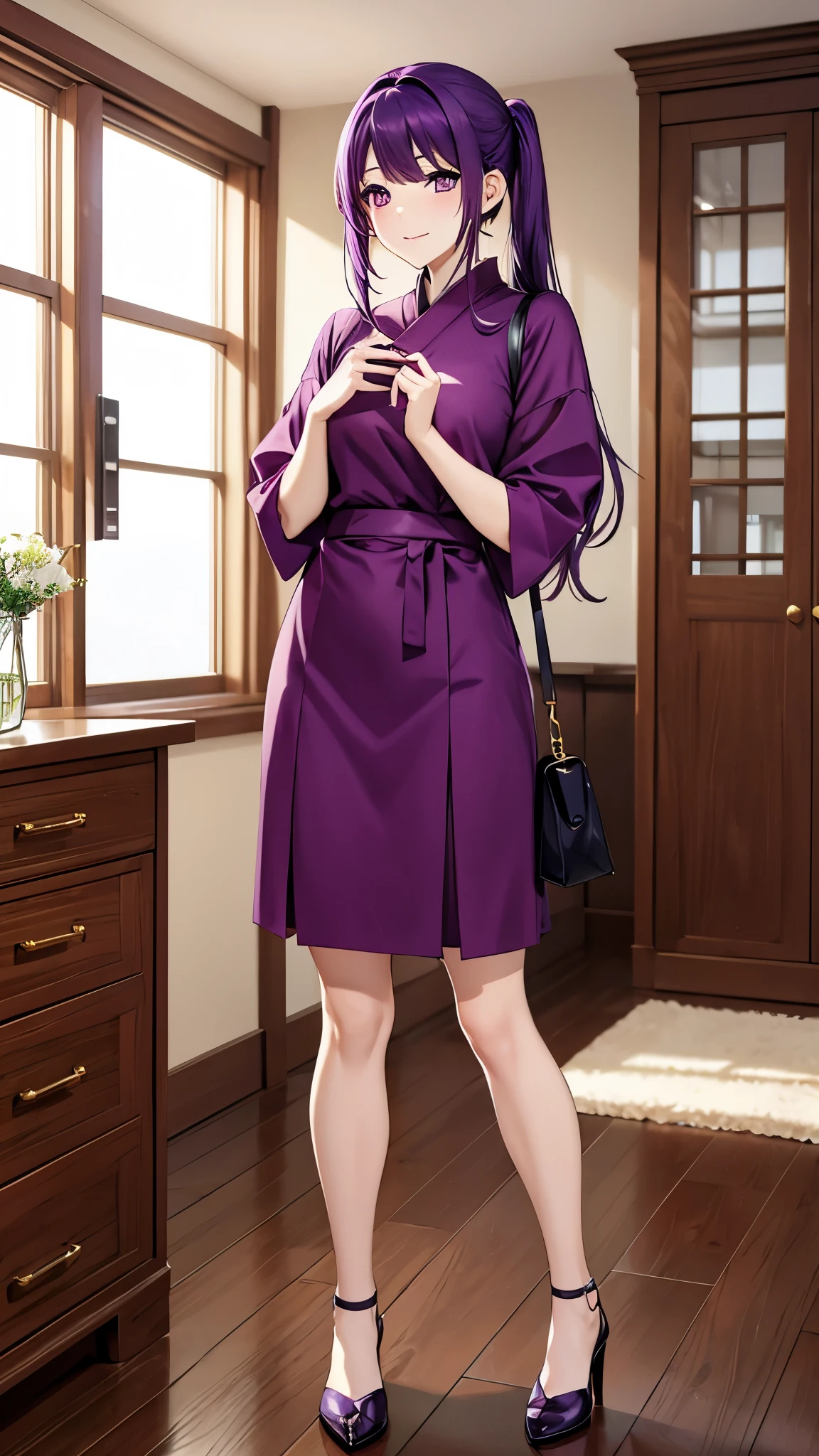 purple haired housewife,red pupils。full body shot。Everyday clothes,Conservatively dressed ,clothes match the status of a housewife。