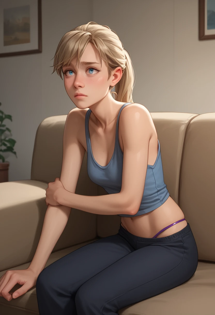 (best quality, masterpiece1.2), (detailed eye:1.2), intricate detail, depth of field, 13-year-old girl, (seated full body, athletic, in filthy bar, twisted torso, sweat, head tilt, transparent, (blonde), freckles, blush, (red top backlight: 1.2), twisted torso, (muscular: 0.6), (short hair:1.2), looking at the viewer, embarrassed, sneakers, (sweat), short shorts, pov,