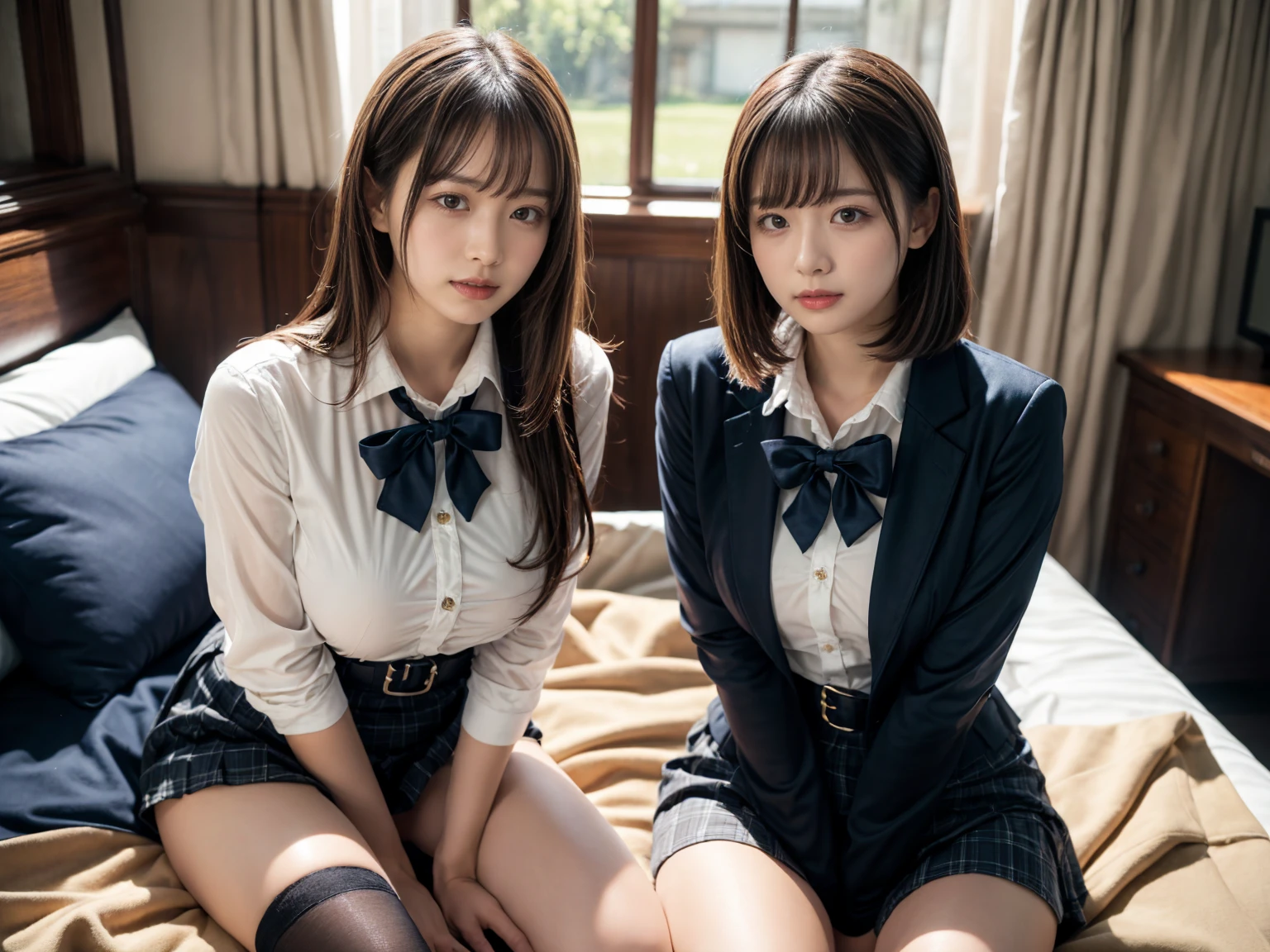 masterpiece, best quality, illustration, Super detailed, fine details, High resolution, 8K,wall paper, perfect dynamic composition,(Details High quality, realistic depiction of eyes:1.3), ((2 girls, 2 schoolgirls)), The background is a luxury hotel room、High school girl uniform、blazer 、Super Short Check Uniform Skirt、Navy blue high socks、garterbelts、Colossal tits、Disturbed uniform, Play with each other,Touching each other's bodies,Touching the body of the girl next door, short bob hair, black hair color, huge breasts, Big Natural Color Lip, bold sexy pose, (perfect body shape), crying a little、Harajuku style、Beautiful makeup,glitter makeup,Cutest 18 years old, beautiful legs, hposing Gravure Idol, Voluptuous thighs
