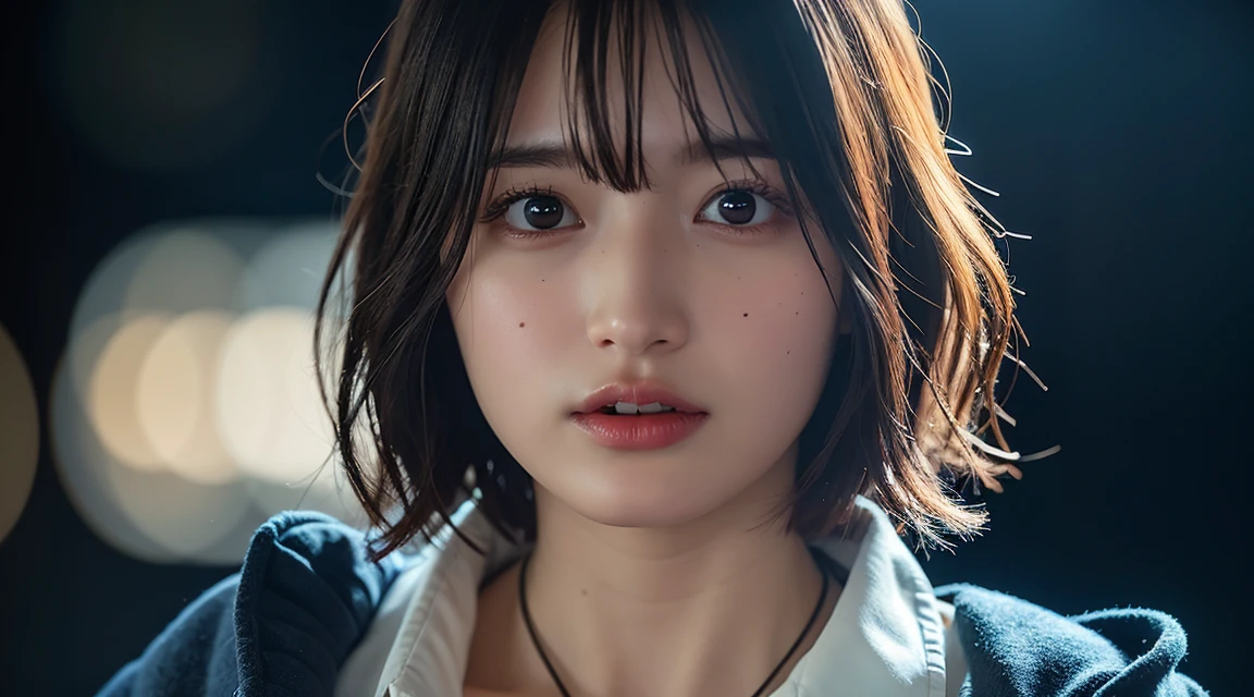 High quality, masterpiece, high resolution, 1 girl, 12+, necklace, jewelry, beautiful face, even_body, Tyndall effect, realistic, dark studio, rim light, two-tone lighting, (high resolution skin: 1.2), 8k ultra HD, soft lighting for DSLR cameras, high quality, volumetric lighting used, Frank, photo, high resolution, 4K, 8k, bokeh, bob cut hair, sheer blouse and blue culottes