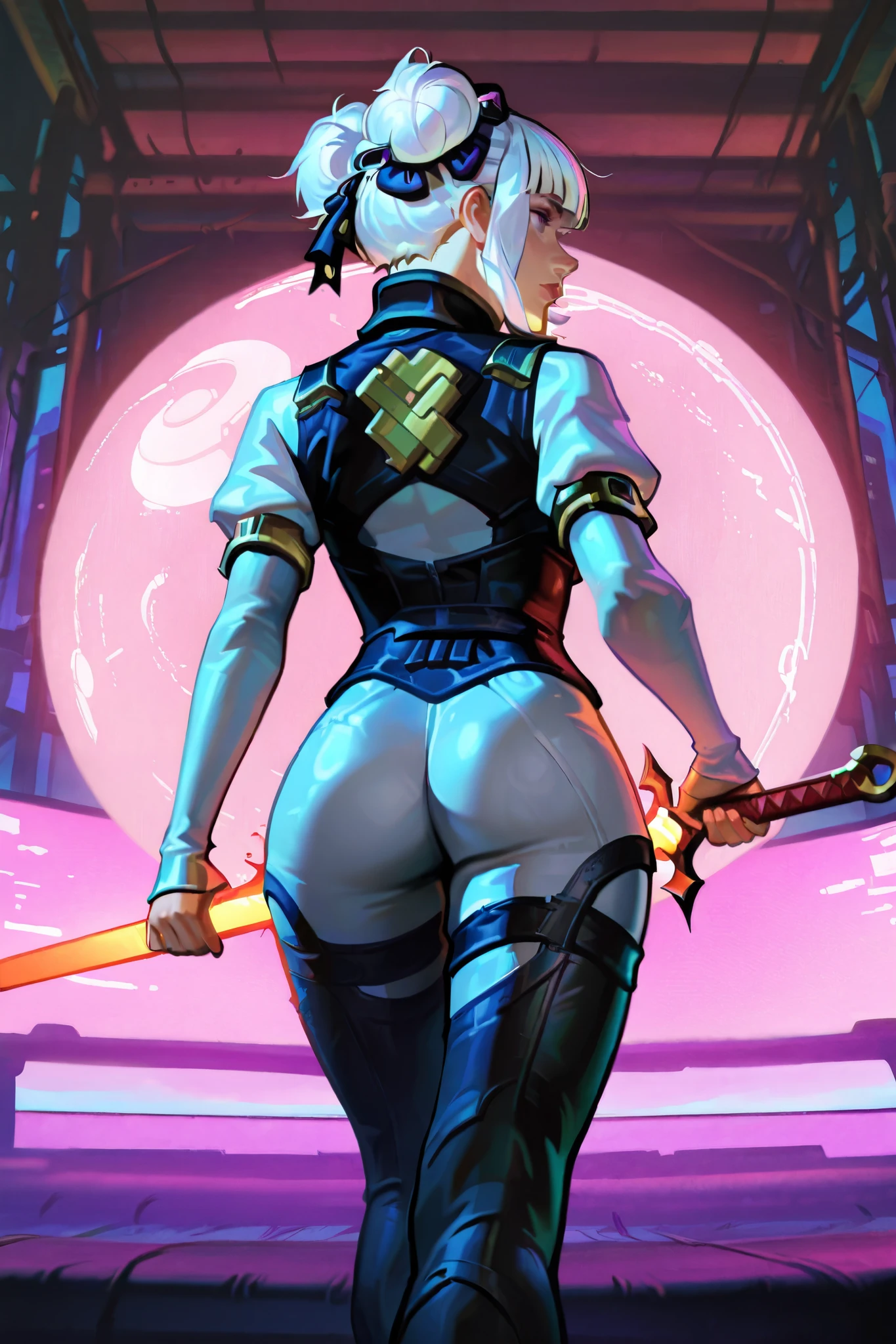HDR, 8K, high contrast, masterpiece, best quality, amazing quality, very aesthetic, anime artstyle, realistic, hentai art, newest, 
BREAK
bounce light, hyperdetailed, detailed hair strands, detailed fibers, concept art, hyperdetailed
masterpiece, semi-realism, hyper detailed, 
foreshortening, perspective, dynamic angle, dynamic perspective angle, very aesthetic, Dynamic pose, white background, 
1girl, holding katana, from behind, unsheathing blade, sheathe, looking to side, flowing garments, bun hairstyle, white hair, (back to viewer: 1.0), cyberpunk background