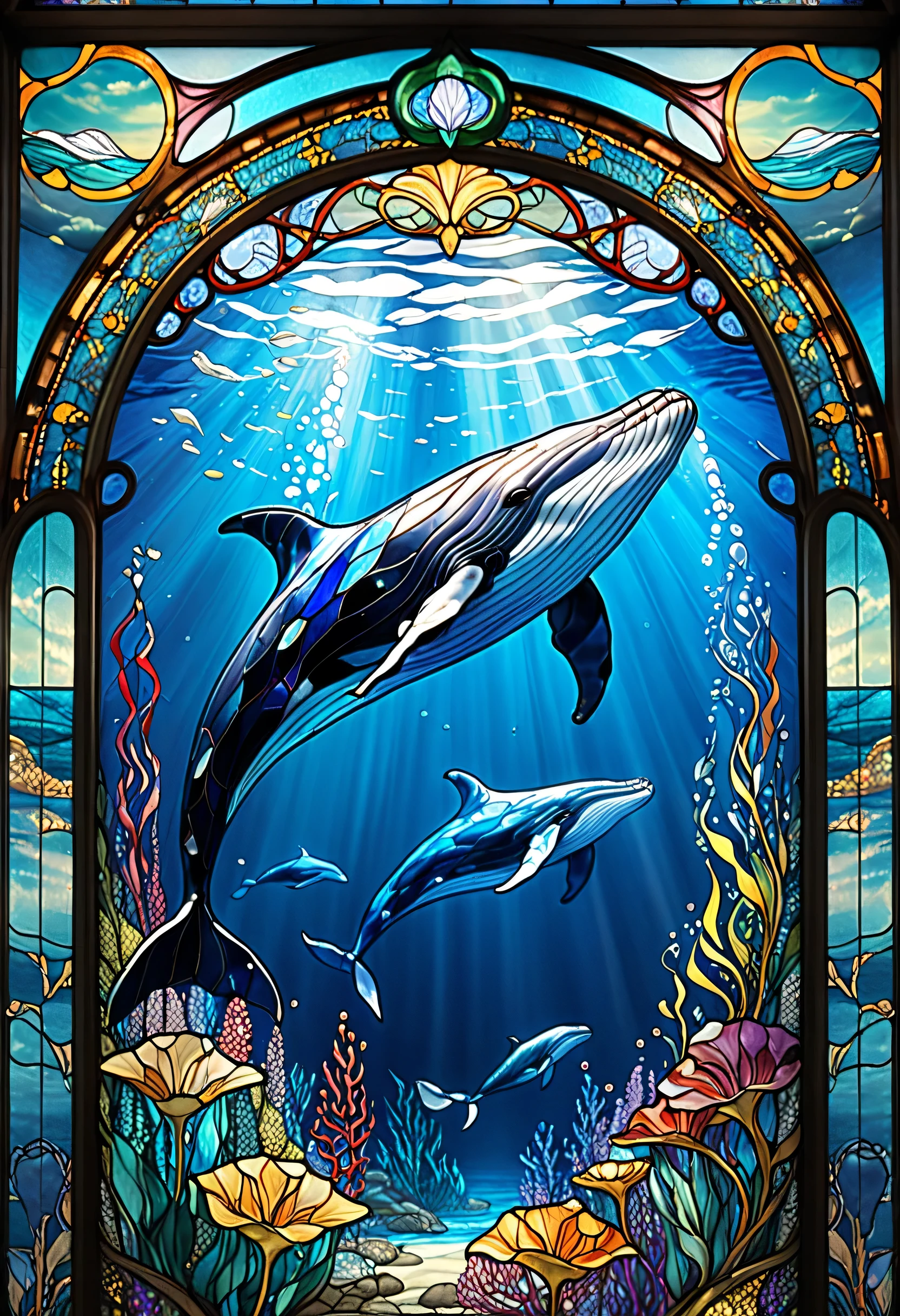 Jump to the surface of the sea1Closeup of a whale、Stained Glassアート、Stained Glassスタイル、sparkling stained glass background、Whale-themed、colorful stained glass、gothic stained glass style、backlit stained glass、complex stained glass、Stained Glass、psychedelic whales、inspired by Louis Comfort Tiffany、Stained Glass!、Art Nouveau aesthetics