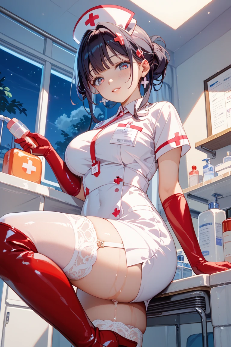 ((Best quality)), ((masterpiece)), (detailed), 1 girl, black hair, nurse, At school, Wet bathrobe, nipples visible, white stockings