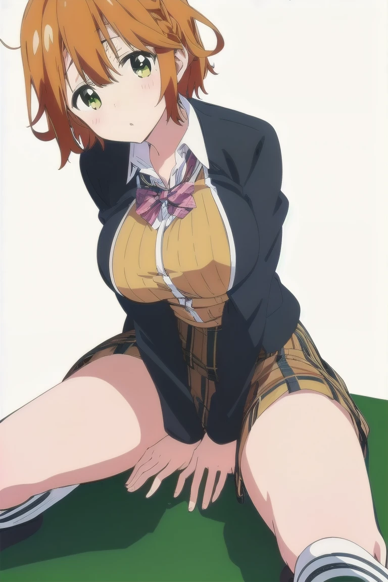Nakano Yotsuba(The Bride of Fifths)、1girl, masterpiece、top-quality、nsfw, {pissing}、vagina, orange pubic hair, toilet room、green bow, yellow sweater, blazer,
