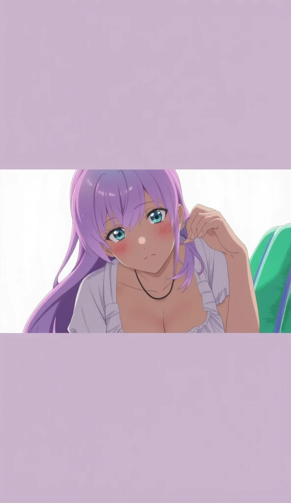 ((nsfw3.5)),(8K、Highest image quality、highest quality、masterpiece)、detailed face、((1 baby girl))、wavy purple hair、medium hair、blunt bangs、blue eyes、ugly、(medium breast),leaning forward,(((Down blouse))),Nipples slip,wearing camisole,Cleavage,pull Down camisole,mini skirt,Nipples visible,((all fours))