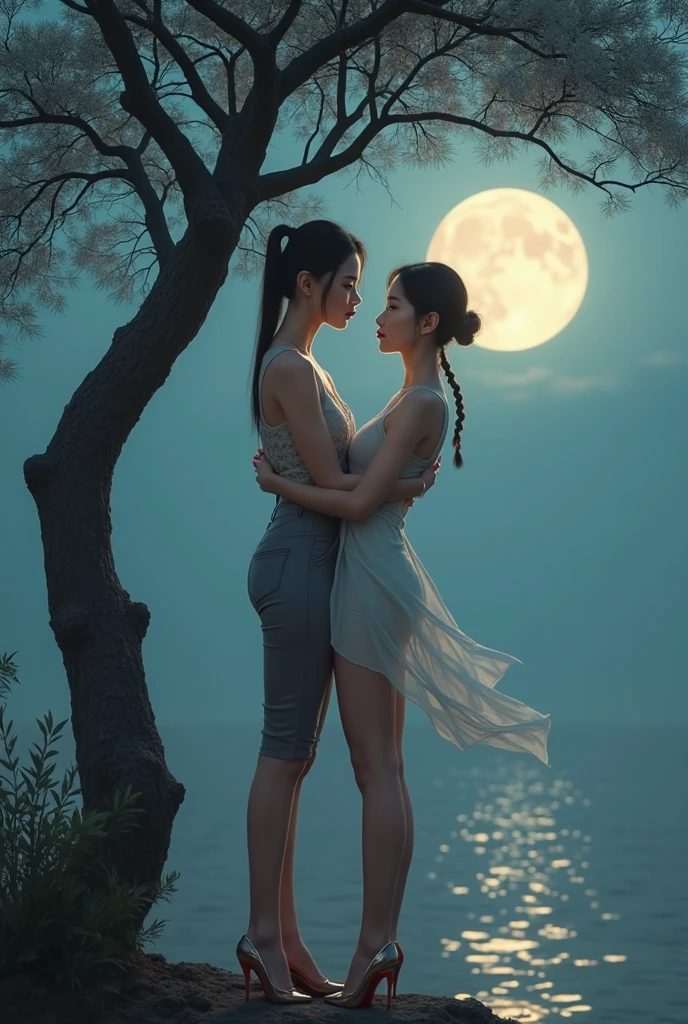 ((best quality)), ((masterpiece)), (detailed), perfect face, (((2women: happy, blushing, soaked, (((yellow eyes(glowing), mature face, dark skin, 25 years old, sexy, topless, slim, exposed small breasts, muscular, orange hair (((messy hair))), ((ponytail))), (((saffron ribbon))), Wearing: Buddhist rosary beads, gold sash with bow))) and (((Pink eyes(glowing), perfect face, mature face, pale skin, 25 years old, sexy, nude, thicc, dummy thicc, large breasts, short black hair)))))), looking into each other's eyes, facing each other, hug, kiss, happy, yuri, beautiful, best quality, absurdes, 8k, volumetric lighting, intricate, Background: floating above Stone Buddhist temple ruins, Avalokiteśvara statue, full moon