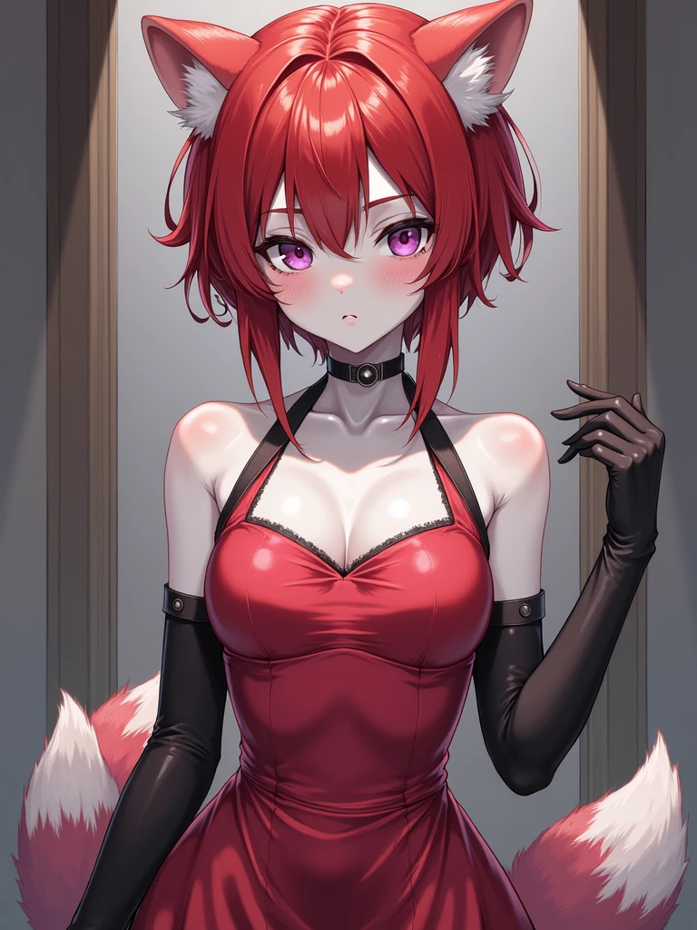 Older sister, red hair, short hair, big breasts, blushing, angry, bunny suit, sexy 