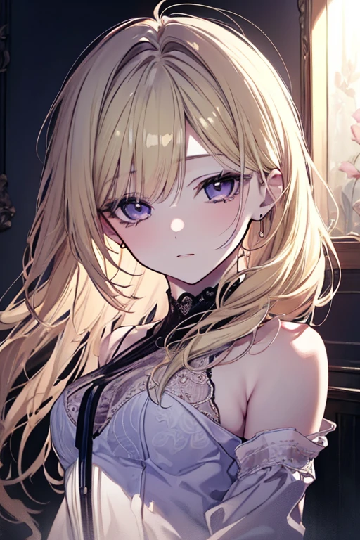 tanned skin, Purple eyes, Blonde short, solo,