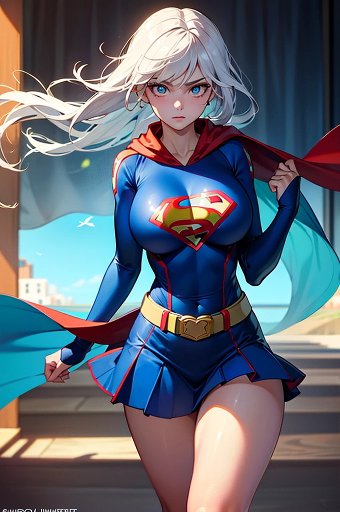 supergirl floating in front of a city in short skirt (masterpiece), (best quality), (ultra detailed),(disheveled hair),(illustration), (1girl), (Fashionable clothing), standing, Fashion model, looking at viewer, (interview), (simple background),beautiful detailed eyes, delicate beautiful face, Floating,(high saturation),(colorful splashes),colorful bubble,(shining), focus on face,(skirt lifted by itself: 1.1), (skirt lift: 1.3), (showing white panties: 1.3)