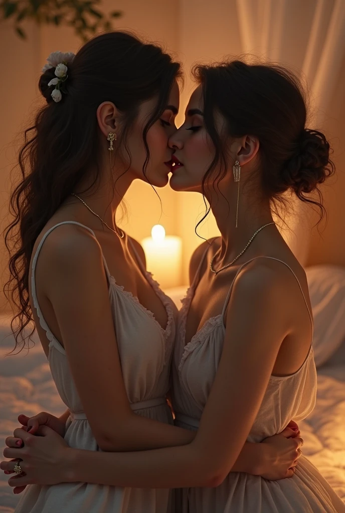 two girl kissing, see her ass,(bright lighting,romantic setting),dreamy background,bondage,dark hair, mesmerizing gaze, , soft skin, alluring beauty, artistic portrait, high-quality image, vibrant colors,translucent silk wedding dress, mosquito net,lying down