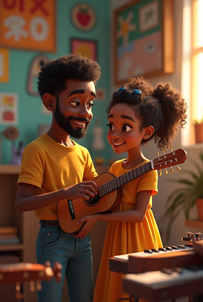 Generate a picture of a 3d black animated boy with a simple afro treamed in the sides putting on a grey polo neck and black truser playing guitar for a light skinned girl with curley black falling hair and a medium thick body putting on a white crop top and army green skirt.