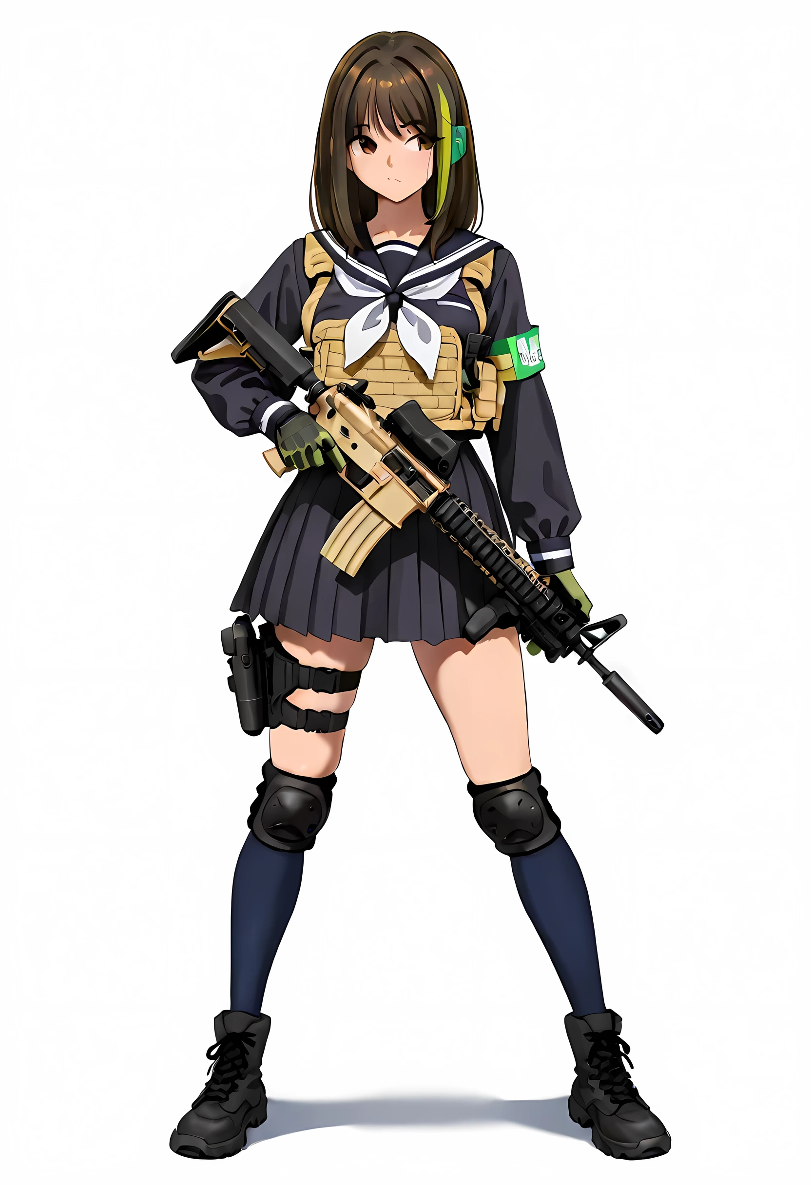 masterpiece, best quality, 8K, high detailed, Anime artwork, vector illustration, (yd\(orange maru\):0.9), (reizei\(cyclone\):0.6), (ame\(uten cancel\):0.4), school uniform, JK, Cinematic Girls With Guns Style, 1girl, solo, white background, standing, stylish pose, full body, front view, looking to the right, (black sailor uniform:1.5), Long sleeve, 180㎝, yellow green medium hair, yellow green eyes, slant eyes, Stern face showing strong determination, closed mouth, (detailed beautiful face and eyes:1.6), medium breasts, (slender:1.4), (Holding the gun in the rest position1.4), (assault rifle m4a1 cqbr:1.4), (ballistic vest:1.2), Magazine pouch, over-kneehighs\(black\), black Military Gloves, Military Knee Pads, Leg Holster, black Military boots\(United States Army\)