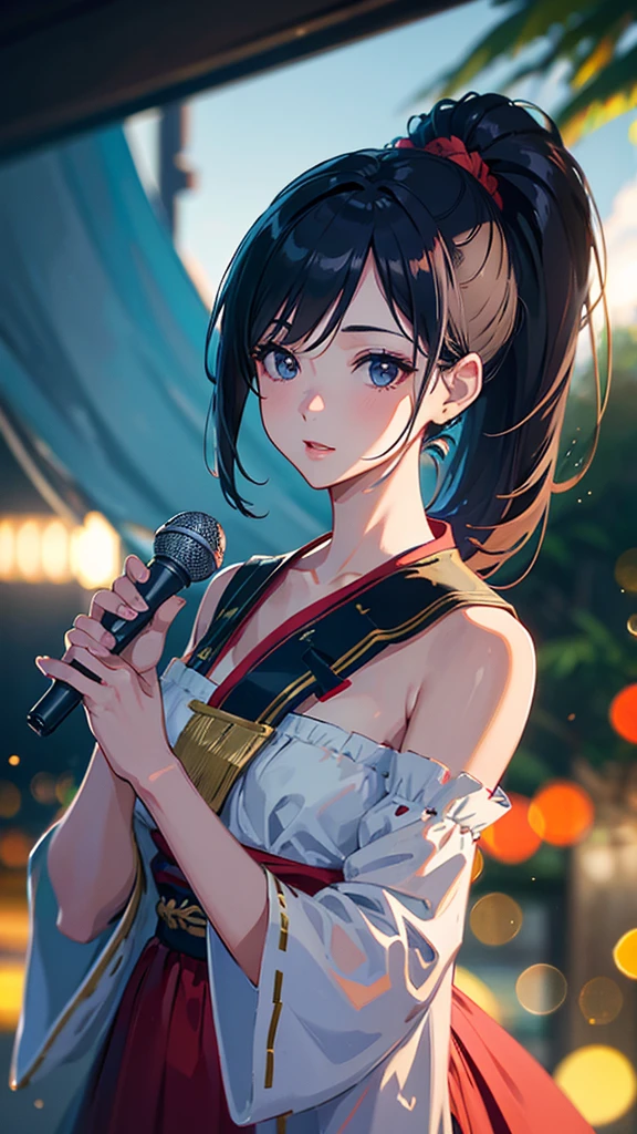 ((Biologically correct limb count))、(( Illustrations including faces))、4K、Masterpiece、((Focus on the face))、((Symmetrical, well-proportioned facial features))、Eyes with delicate depictions、Beautiful woman、Outstanding style、Slender Body、(shirt、High heels、((skirt)))、(Looking up、smile)、((Upper body close-up))、The background is a concert hall、((Realistic photo))、profile、((Fantastic photos)))、live、Idol