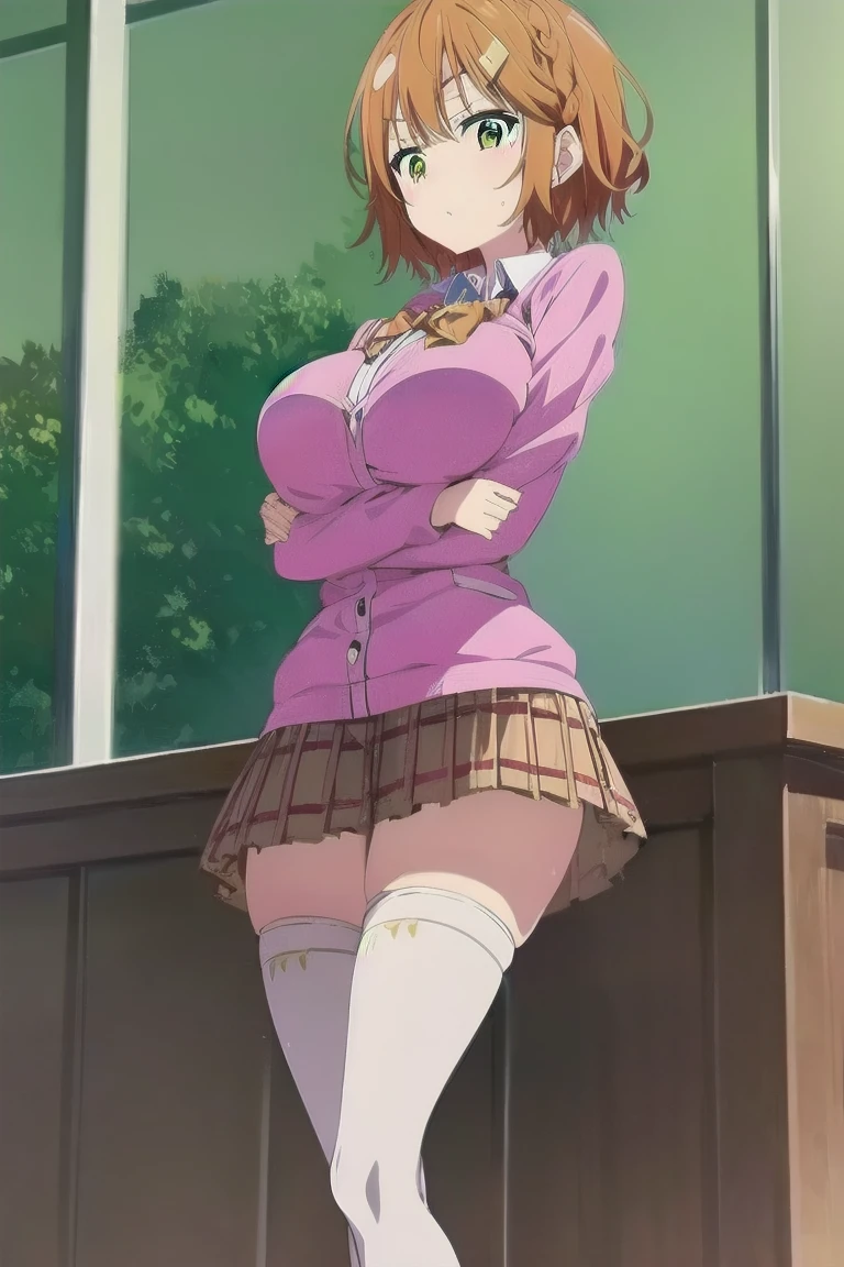 Sylpha, 1girl, tan, breasts, tanlines, fang, short hair, solo focus, brown hair, large breasts, glasses, sweat, embarrassed, school uniform, breath, outdoors, tree, cardigan, black skirt, <lora:Sylpha - Dainanaoji T10:0.8>