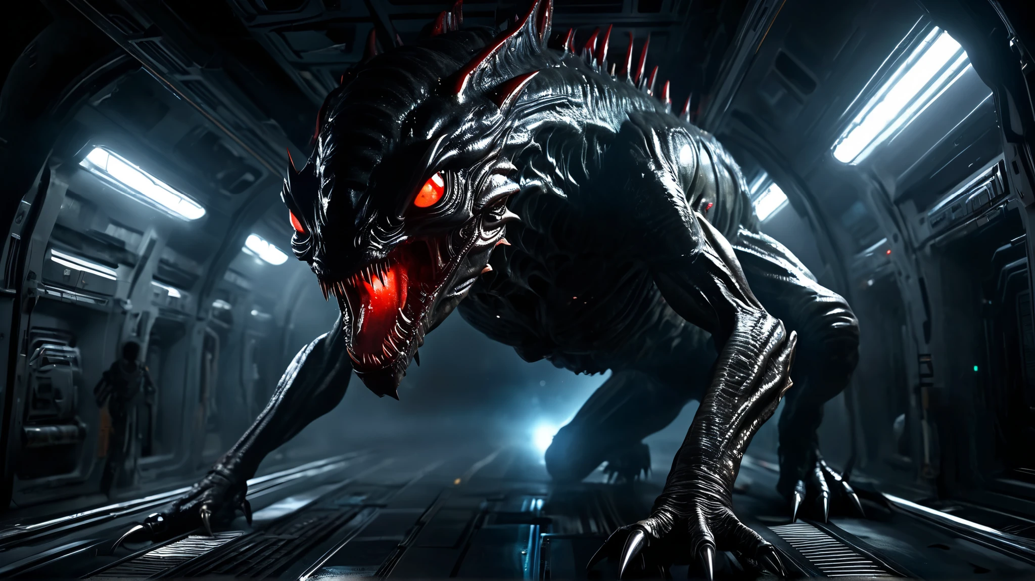 a photorealistic, ultra-detailed, 4k, high resolution, hyper-realistic, cinematic, dramatic, suspenseful scene from a sci-fi thriller space horror, a terrifying alien creature emerging from the depths of a dark, ominous spaceship, its sharp fangs and claws bared, glowing red eyes piercing through the shadowy atmosphere, the spaceship's interior filled with eerie, flickering lights and a sense of impending doom, the creature's menacing presence casting an ominous shadow across the scene, a sense of dread and unease permeating the environment, a masterful, photorealistic 3D rendering, vivid colors, intense chiaroscuro lighting, moody and atmospheric