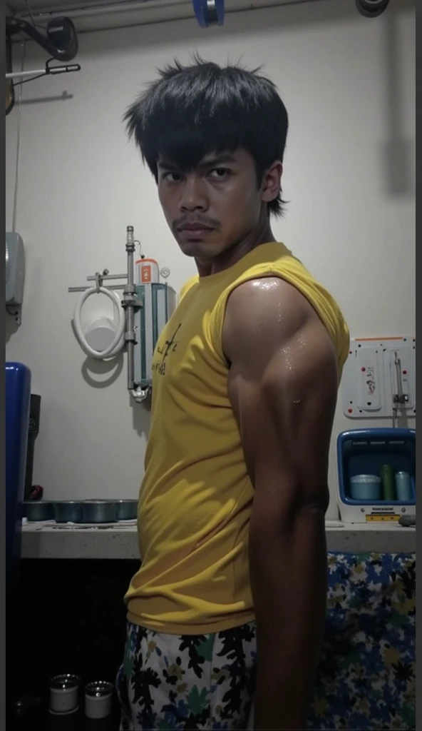 Japanese men、、Well-developed muscles and smooth skin、Red shaved head、Relaxed and friendly smile、Light green boxer briefs、The whole body is visible from toes to head、Fist pump in the locker room、