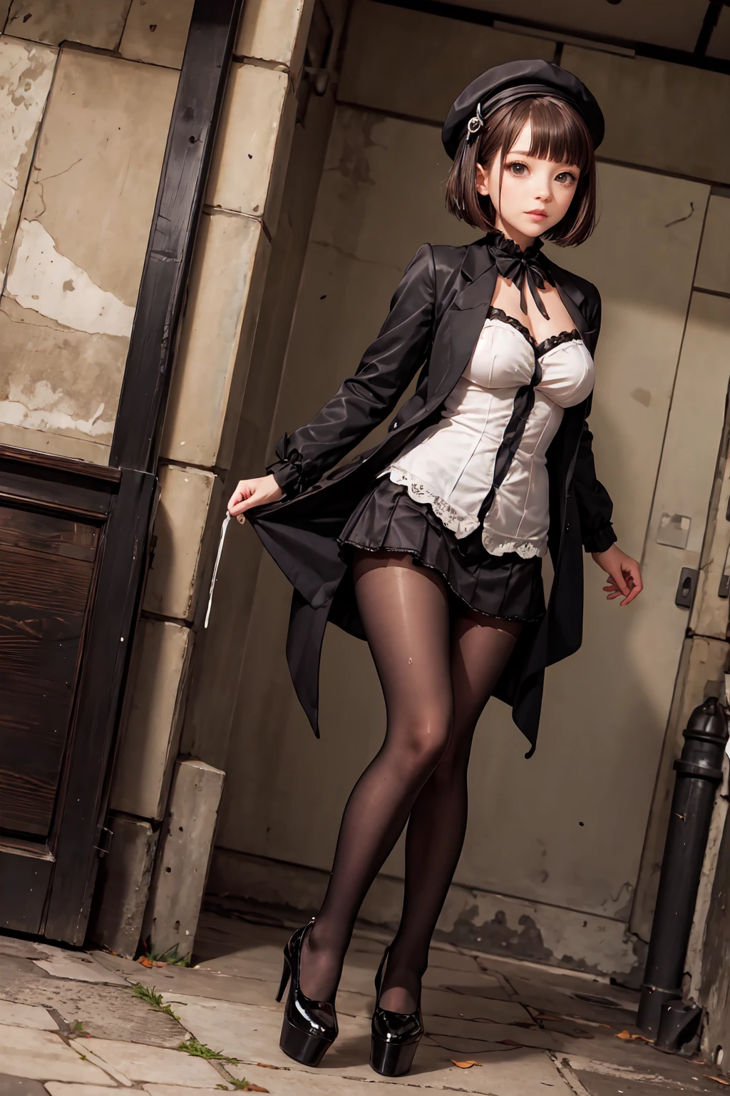 Best quality, realistic, super detailed, detailed, 1 girl, (Asian, idol, solo, collar, thin waist, big breasts, bun, brown hair,) (hairstyle, shirt, black suit, hip skirt, scarf, black lace high socks) in the office, matte, colleague, take off half clothes