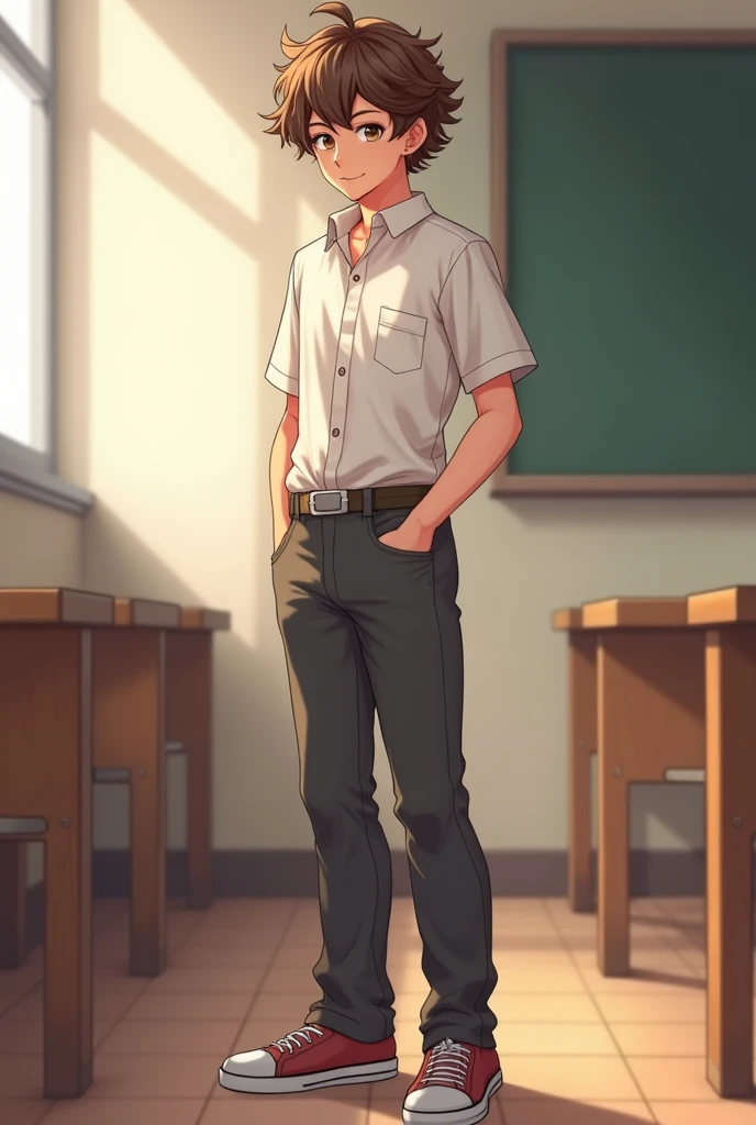 (score_9,score_8_up,score_7_up,score_6_up,score_5_up,score_4_up, source_anime), 8k, best quality, best lighting, BREAK, 1boy, toned, school dress shirt, tie, school slacks, (someone sagging one's slacks: 1.5), ((veiny arms: 1.3)), penis, (tight foreskin: 1.7), flaccid, testicles, under hairless, surprised, embarassed, male focus, male face, wide shot