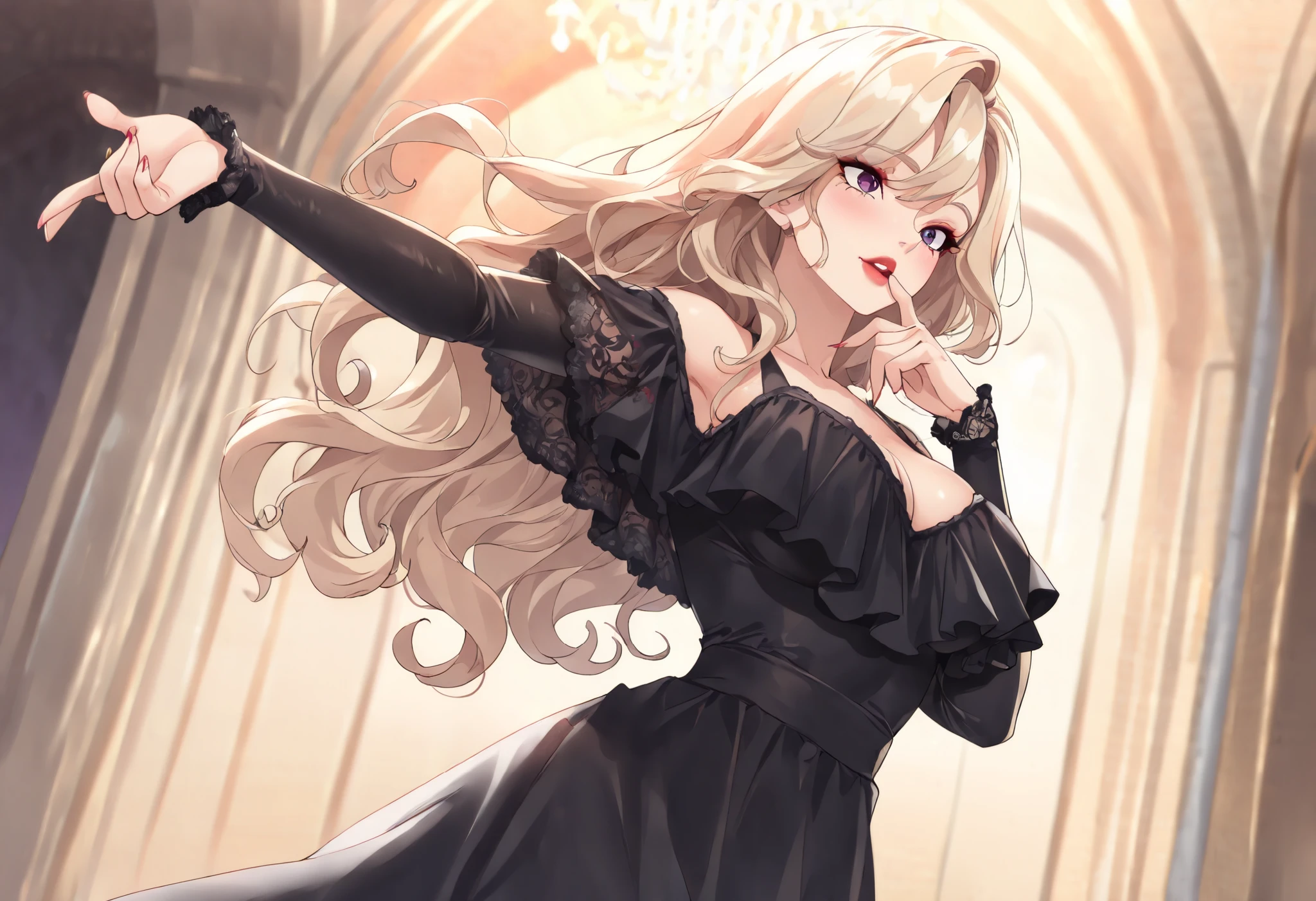 ((Best quality, 8k, Masterpiece: 1.3)),(high detailed face, high detailed eye), super detail, Sharp focus A beautiful woman, Slim abdomen, A passionate Spanish woman dancing flamenco with intense emotion. She wears a traditional red and black flamenco dress with flowing ruffles and intricate lace details. Her dark, wavy hair is adorned with a red rose, and she has dramatic makeup with bold red lips. She gracefully lifts her arms, snapping her fingers, and her skirt sways dynamically. The background is a dimly lit stage with warm, golden lighting, emphasizing the dramatic atmosphere. The image captures the energy, passion, and elegance of the dance.