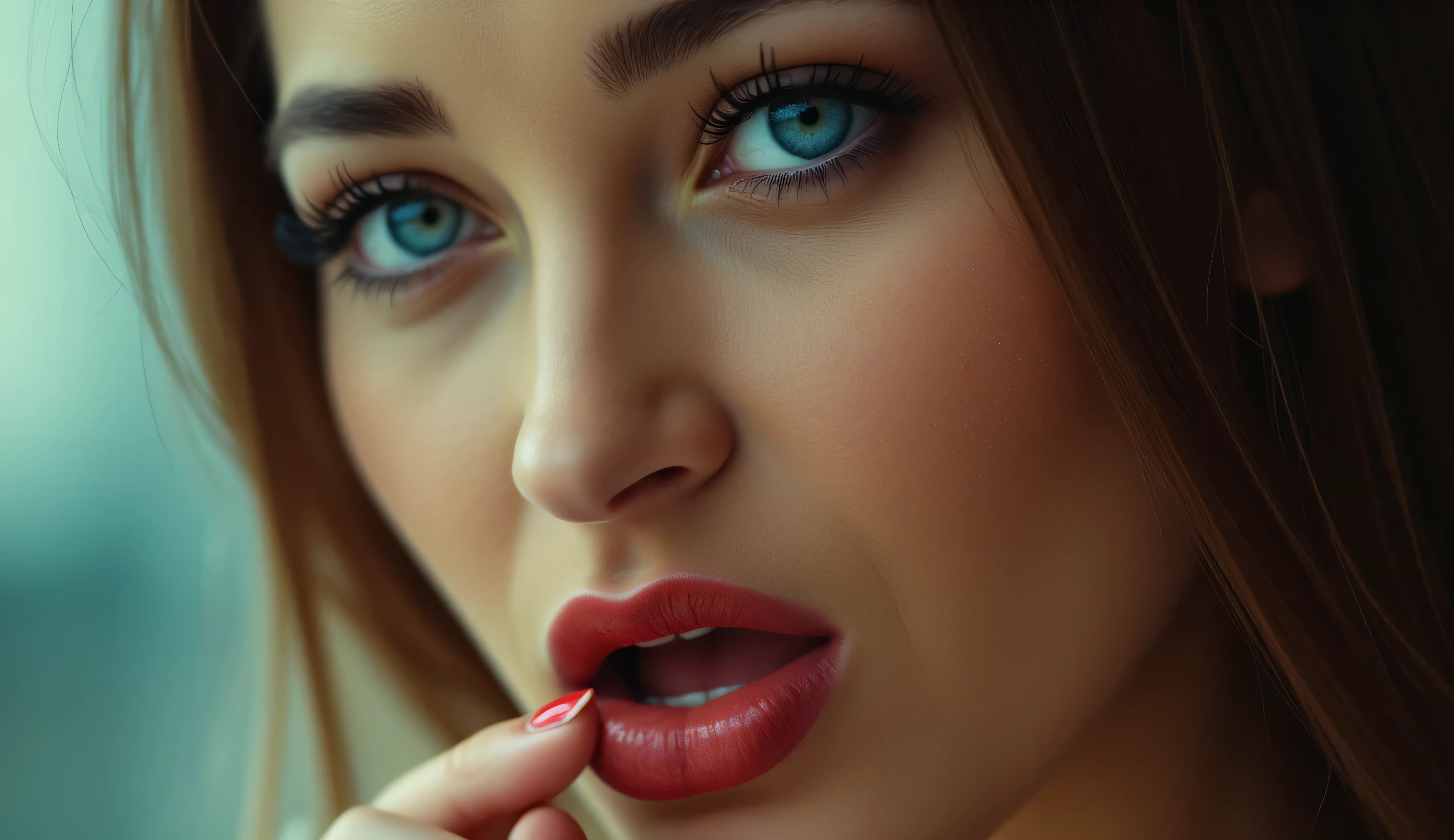 Showing the face only, a close-up of the woman's face,with lustful blue eyes, lipstick ,sucking lips with the middle finger ,east face,8K Details