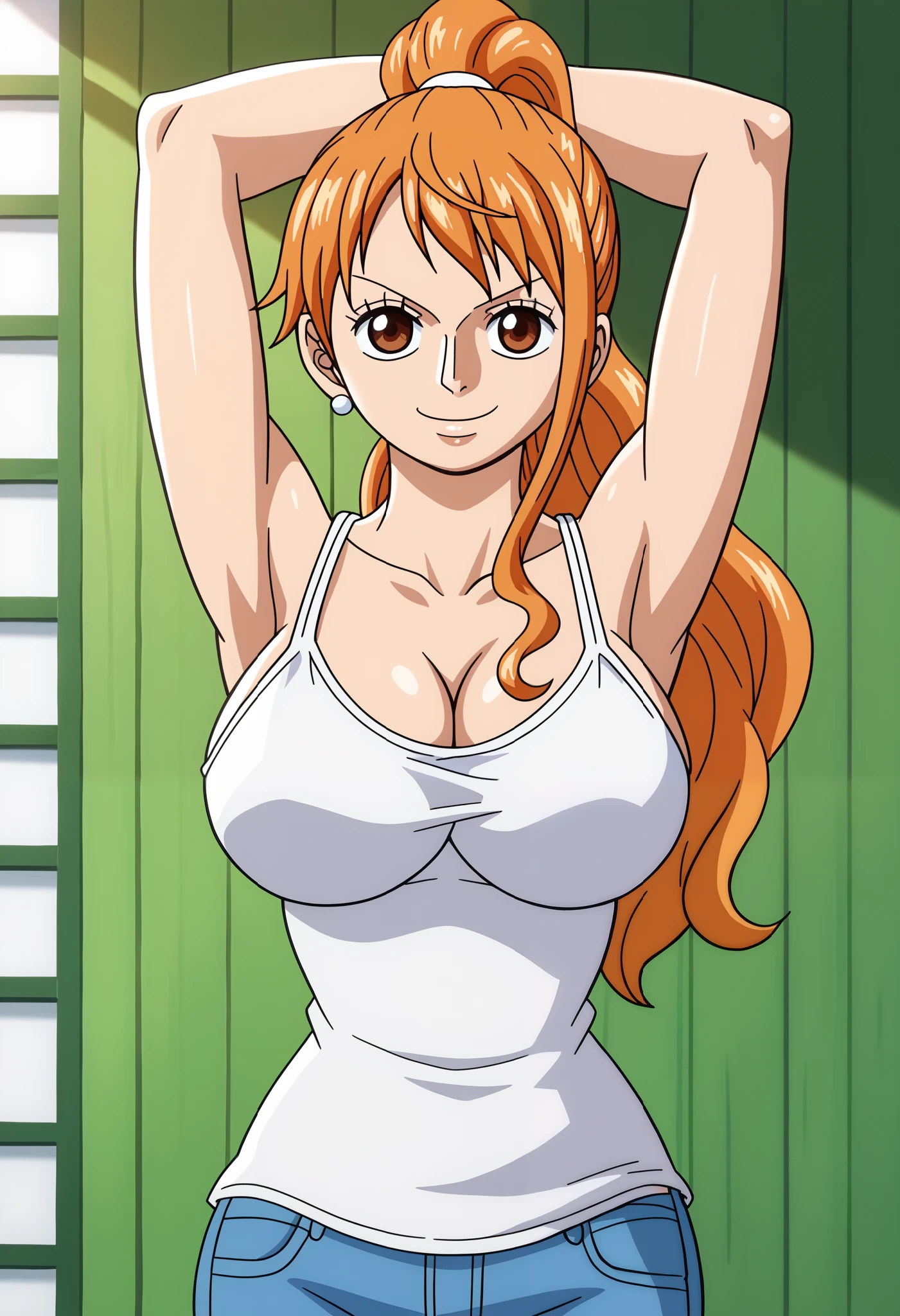 score_9_up, best quality, cowboy shot, anime_source, anime style, (SOLO:1.7), 1girl, Nami, orange hair, (white comesole:1.4), morning, (ponytail:1.7),  (serious smile:1.3), (curvy body:0.7),), (slightly looking at the viewer:1.2) (Medium breasts:1.5), jeans, (tiny biceps:1.2), looking forward, (slightly from right:0.6), (stretching1.5), (stretching:1.6), (springy breasts:1.6), (cheering:1.4)