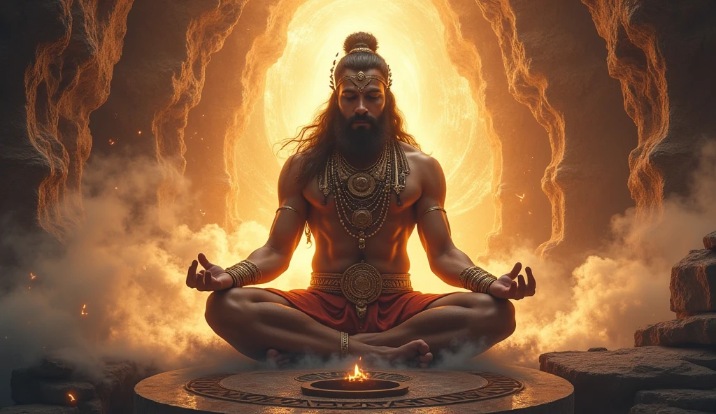 Long hair and tie in top of head long beard masculine man having third eye in his forehead meditating in the universes and having a background of sun amd moon . A image of powerful yoga practitioner having divine power and enlightenment knowledge giving man more fiber muscle and veins in body . Real third eye . Mobile phone wallpaper . Having big veins add 3 line of shiva add snakes in protecting head by cobras 5 head thin body but very muscle fibers veins