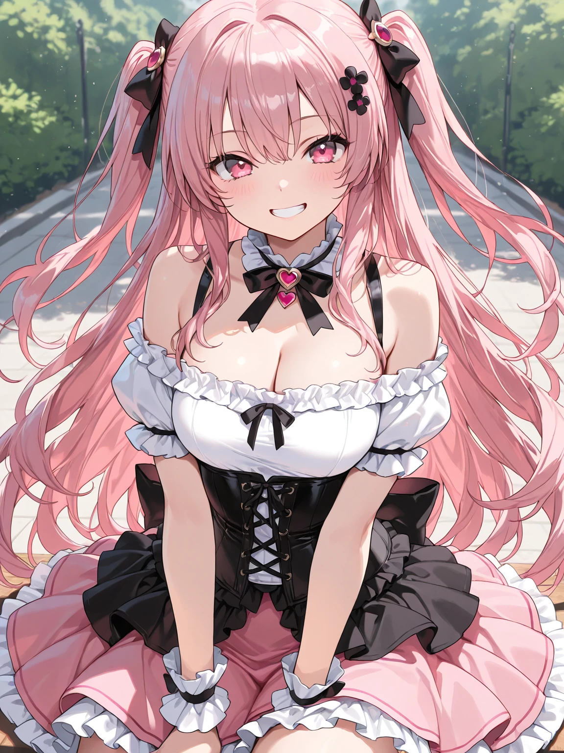 best quality, insanely detailed, nino nakano, breasts, blush, public background, bare-shoulder, a ribbon, stockings, pussy, smile, blue lingerie garterbelt, cheerful eye, nsfw, Taut Underwear