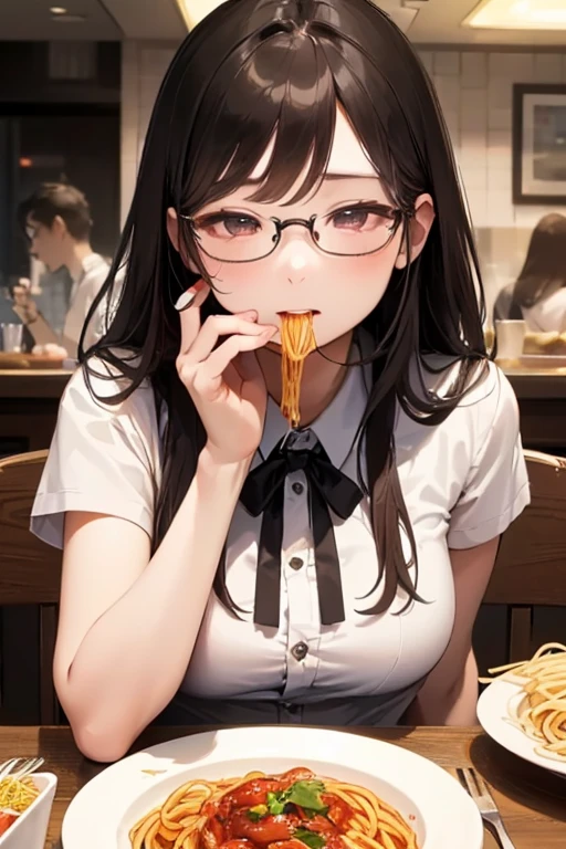 (((fellatio)))、school uniform, blazer、1人の女性、brown haired、Brown eyes、Black-rimmed glasses、 Best Quality、ultra-detailliert、8K resolution、Raw photo、masutepiece、gorgeous faces、Perfect body, Pleated skirt, pantyhose, crawling position、(((cum facial)))、cum in hair、open clothes,(presenting bra:1.2)、(((upset:1.5)))、furrowed brow