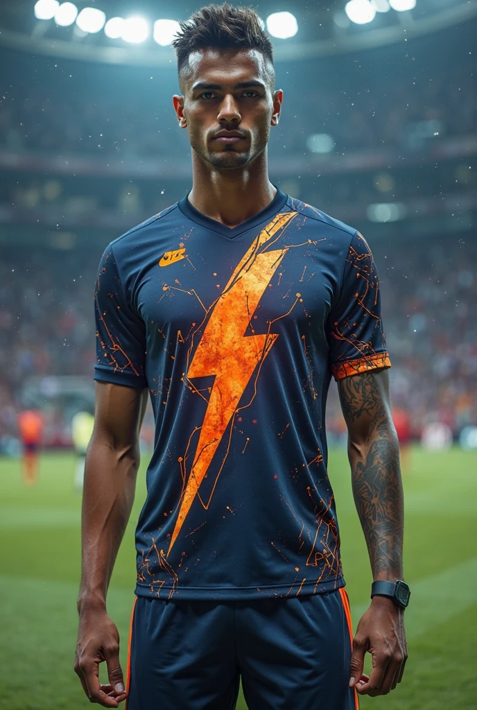 Create an orange shirt on the back with a lightning bolt in the middle of the shirt and all white sleeves and the number in the middle of the shirt.