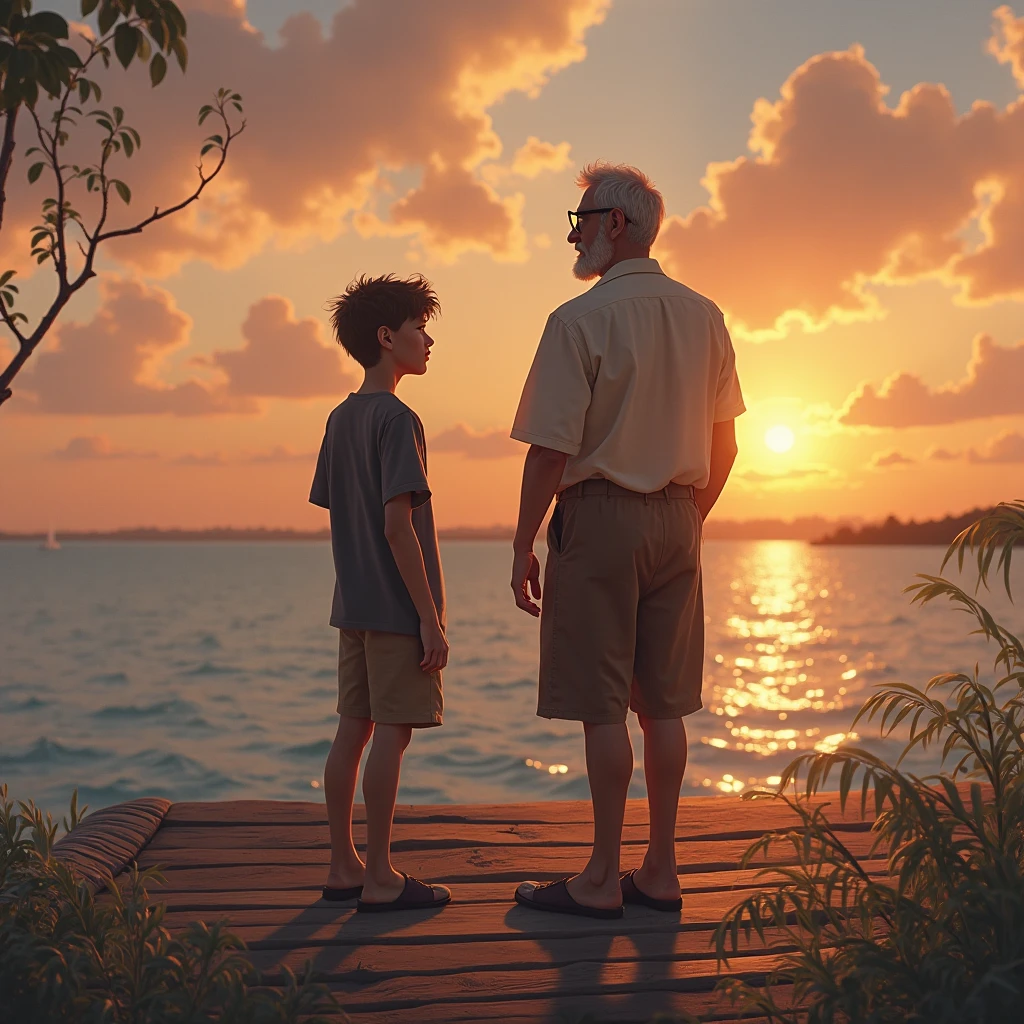 dad and son, sunrise, sea, masterpiece, best quality