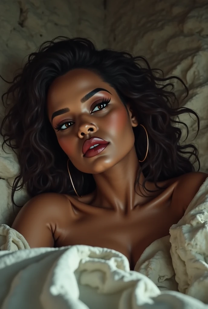 Black beautiful girl, NAKED, perfect body proportions, best quality, masterpiece, ultra high resolution, (photorealistic:1.4), raw photo, shiny skin, BRIGHT BODY, dramatic lighting, full body, big breasts, exposed breasts