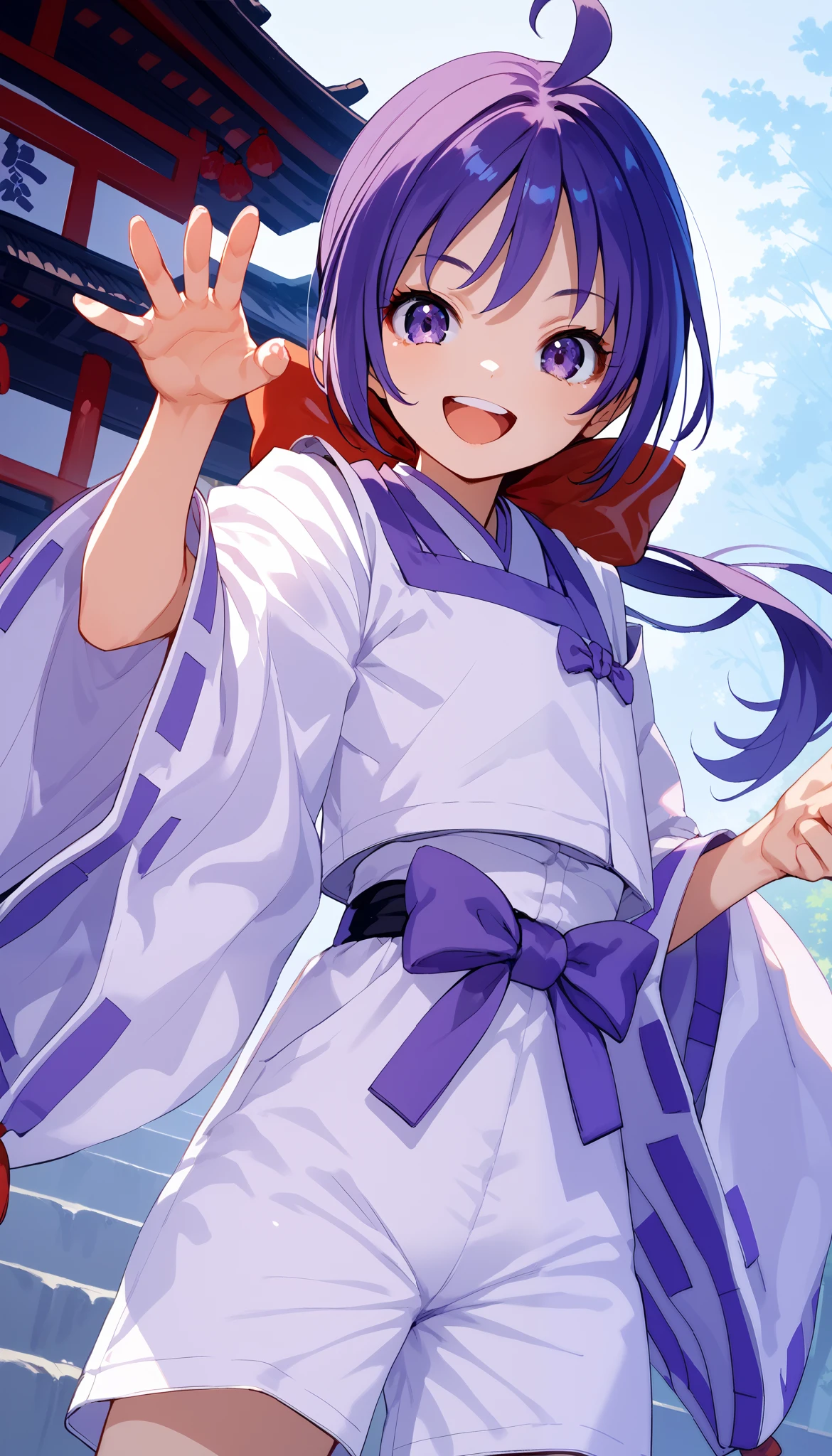 score_9, score_8_up, score_7_up, score_6_up, score_5_up, score_4_up, source_anime,newest,game cg,dutch angle, ultra-detailed face,1girl,solo, long hair, purple hair, ahoge, low ponytail, ribbon, purple eyes, japanese clothes, wide sleeves, onmyouji,white shorts, ribbon-trimmed sleeves,tabi,okobo,dynamic pose,smile,open mouth,