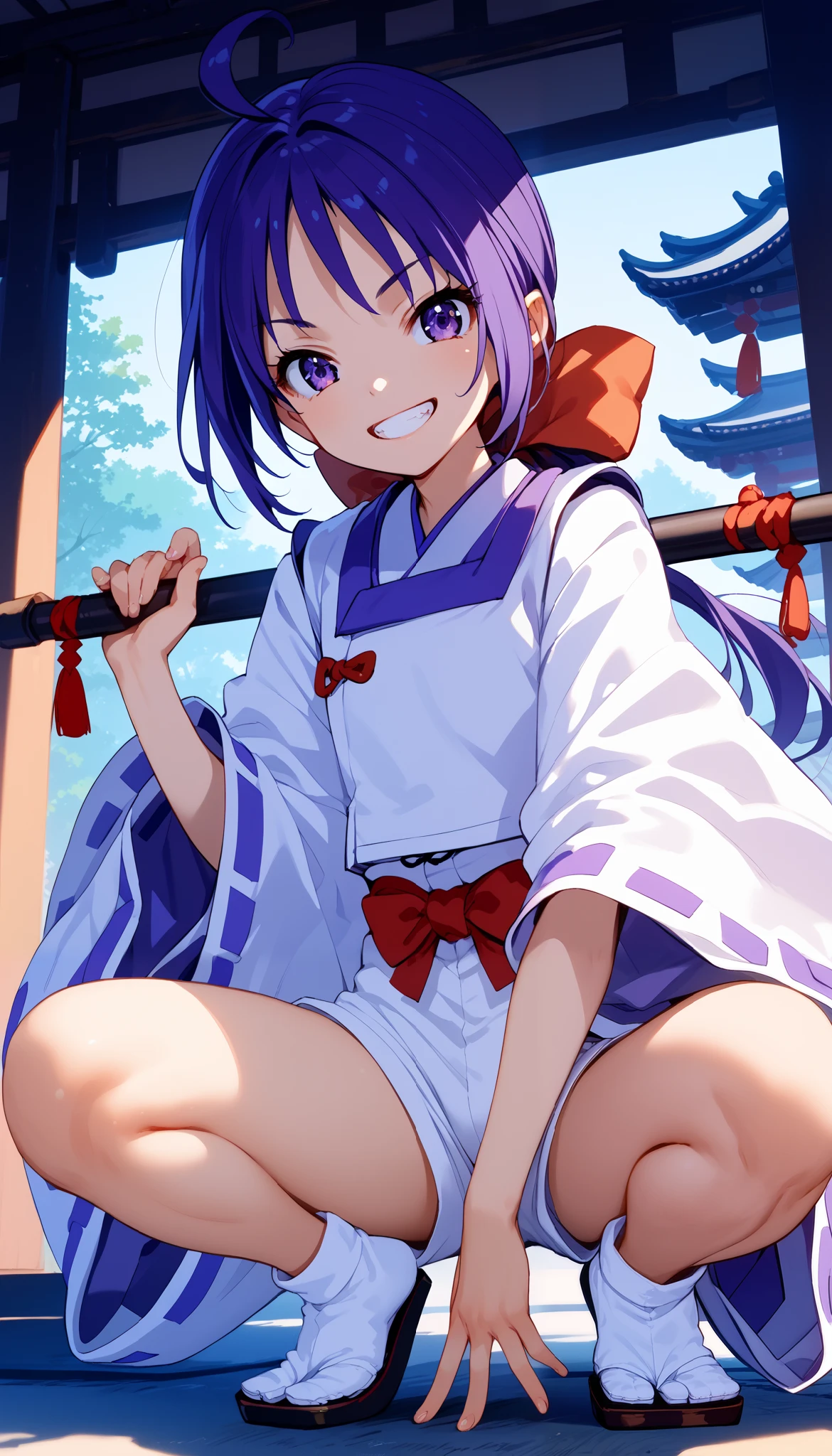 score_9, score_8_up, score_7_up, score_6_up, score_5_up, score_4_up, source_anime,newest,game cg,dutch angle, ultra-detailed face,1girl,solo, long hair, purple hair, ahoge, low ponytail, ribbon, purple eyes, japanese clothes, wide sleeves, onmyouji,white shorts, ribbon-trimmed sleeves,tabi,okobo,,squatting,open legs,grin,Mysterious Purification Rod,