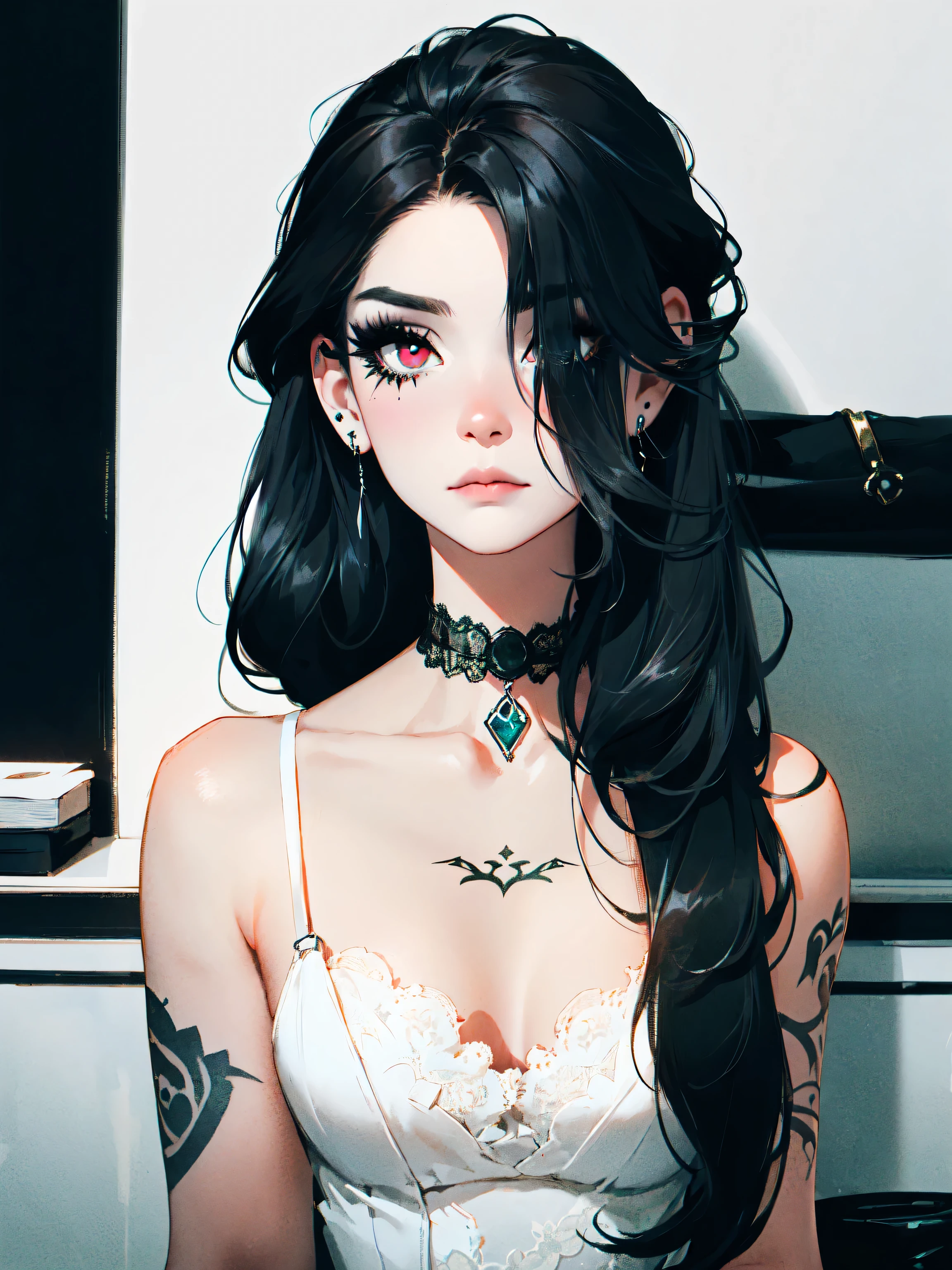 emo_hairstyle,, black tie, ((long hair)), ((straight hair)), (((black hair))), white skin, pale, white, , tired expression, choker, ((dark makeup, mascara, eyeshadow, tattoos)), multiple piercings, best quality, 8k,, erotic, slytherin, (fishnet outfit, lace)