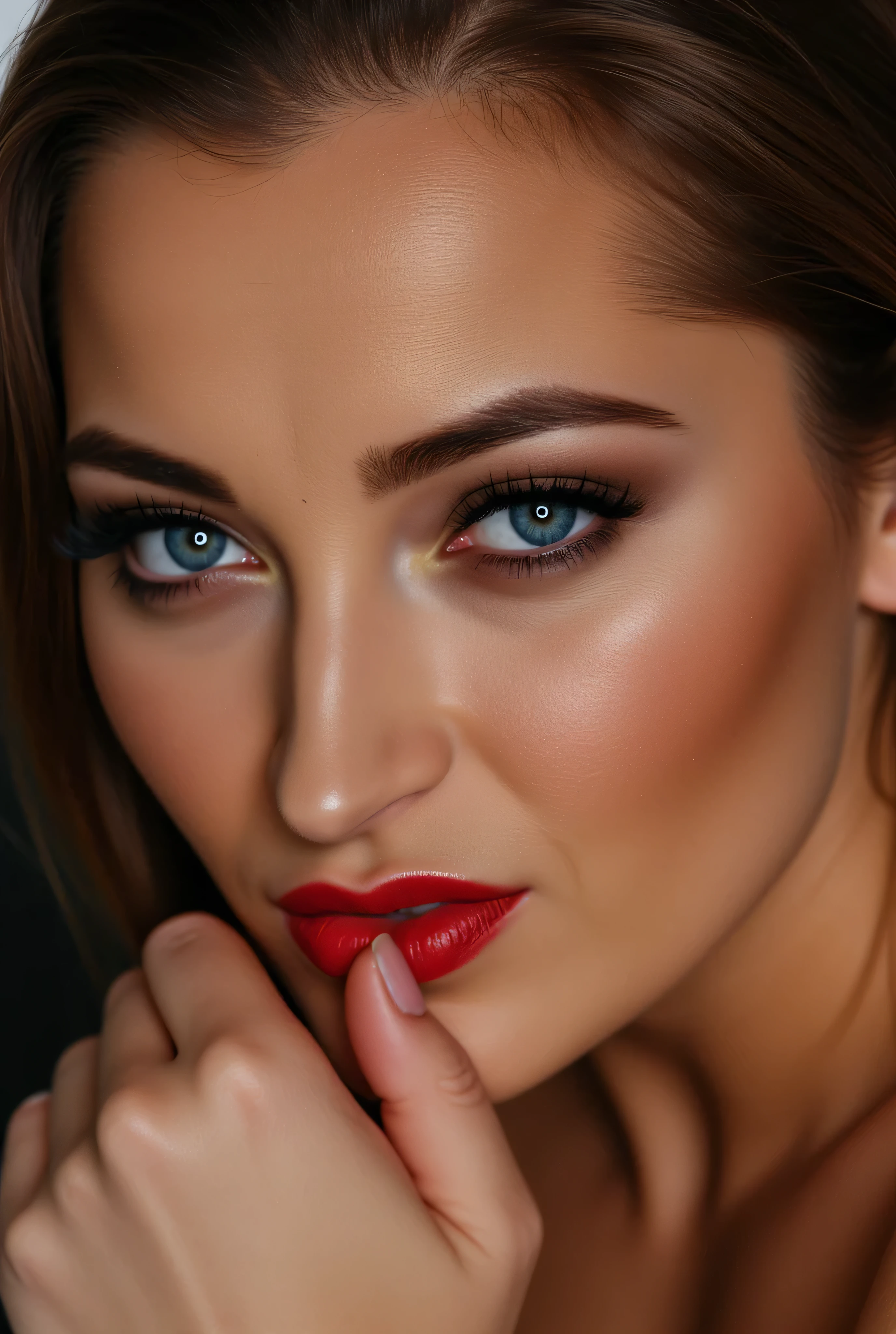 Showing the face only, a close-up of the woman's face,with lustful blue eyes, lipstick ,sucking lips with the middle finger holding her tits ,east face,8K Details