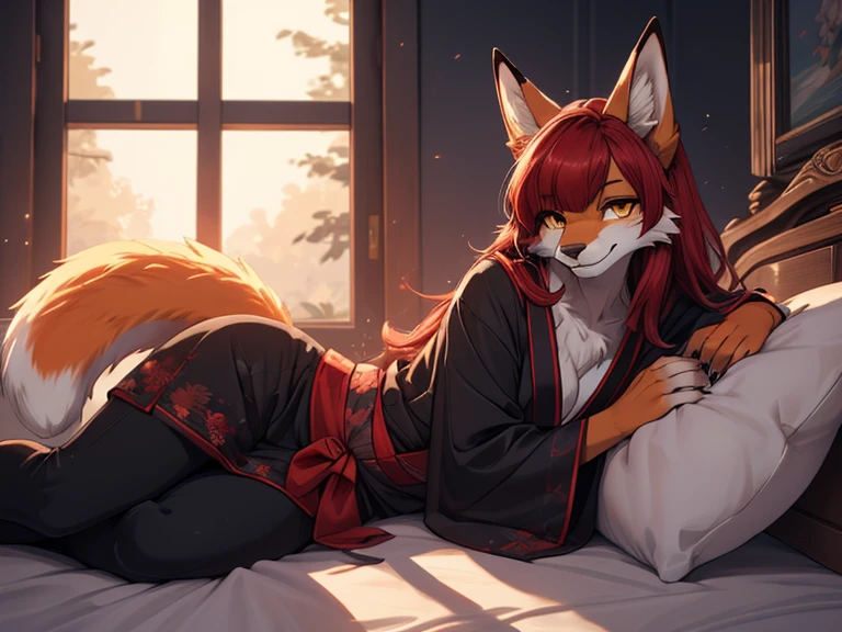 by fluff-kevlar, by ouka, by Kilinah, (((woman, breasts, antrum, extremely detailed, extremely detailed legs, extremely detailed arms, extremely detailed face, perfectly detailed eyes, perfectly detailed anatomy))): 1.2, beautiful and detailed portrait of an anthropomorphic vixen ((female))), anthro, female, red fox, high definition, good anatomy, orange fur, orange body, simple background, highly detailed face, deep yellow iris, yellow eyes, short hair, red hair, long hair, striking black fur patterns on hips, speech bubble, heart, hearts, night, moody lighting, full body, sexy body, slanky body, sexy face, nice, hot, cute, pawpads, one eye closed, wink, lying on side, lying on side with sexy pose, blushing, friendly smile, smile, friendly, elegant, dark, mysterious, alluring, beautiful, thigh highs, yukata, wearing a yukata, SFW