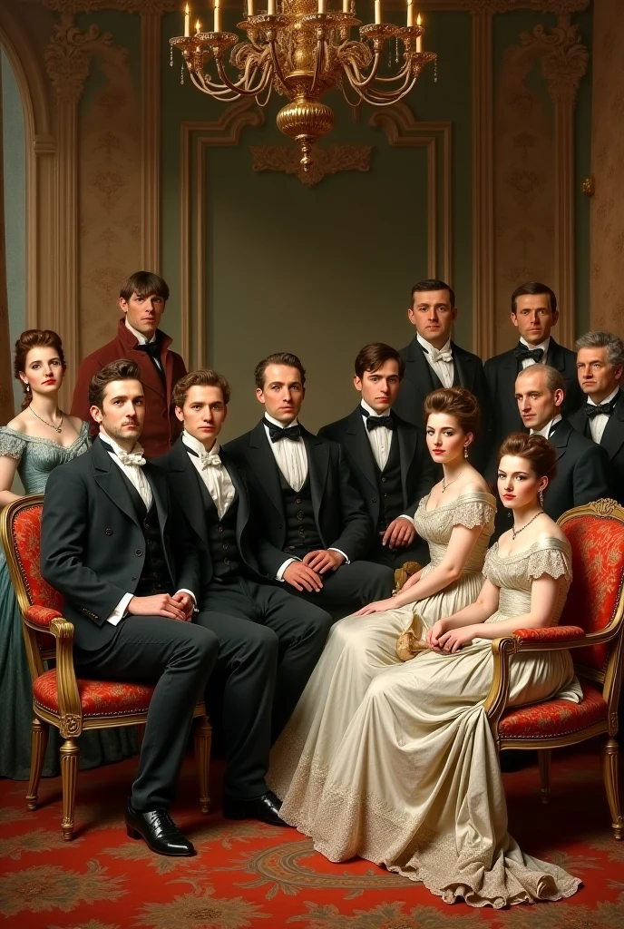 Generate an image of twelve people from 1892, with exactly six men and six women. The women should be dressed in 19th-century clothing, and the men should also be dressed in period-appropriate attire.