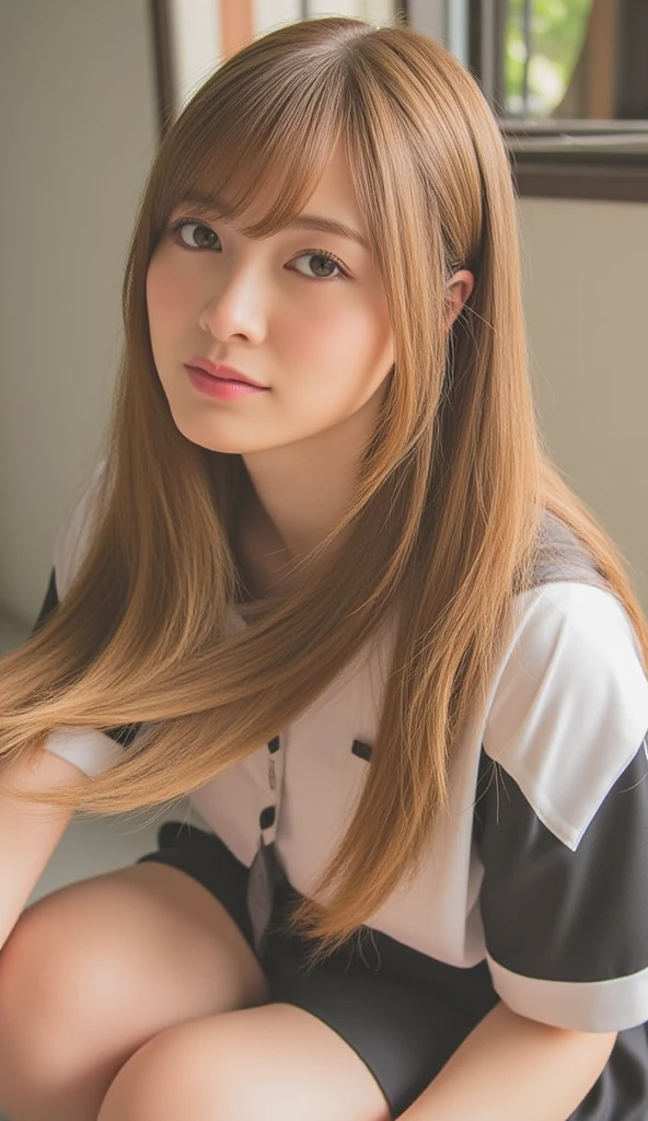 age19、White T-shirt、semi long hair、Beautie、kawaii、Orange Hot Pants、peach