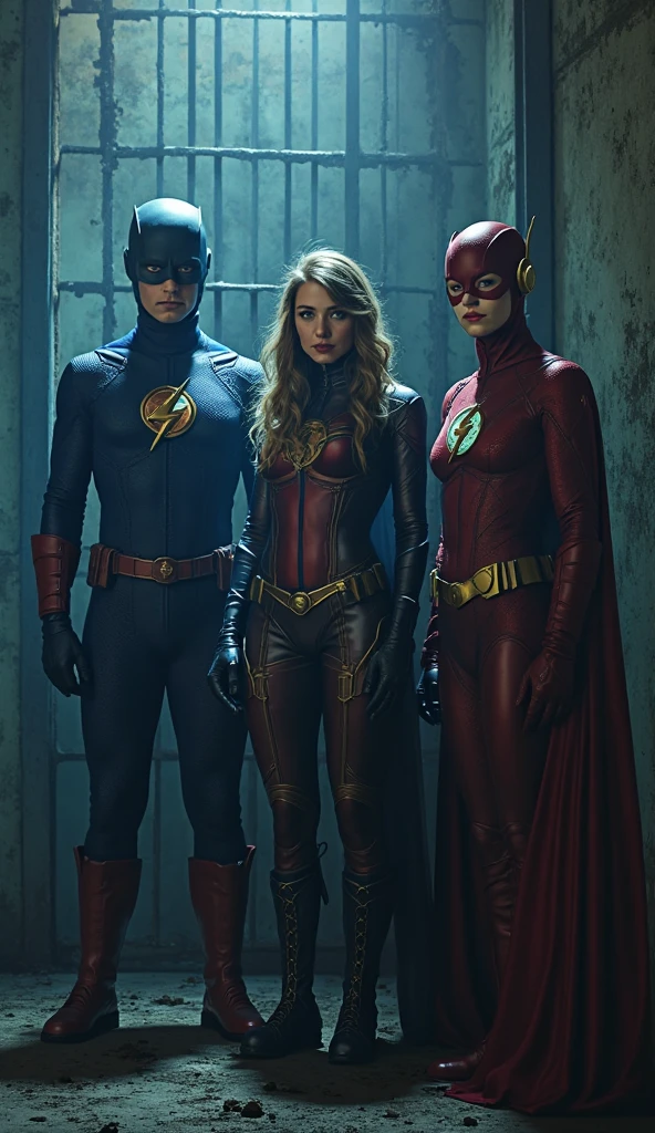 3 famme qui porte un cosplay de Flash qui font un braquage dans une banque  avec bauecou argent dedans avec des sac pour ramasser et des pistolet 