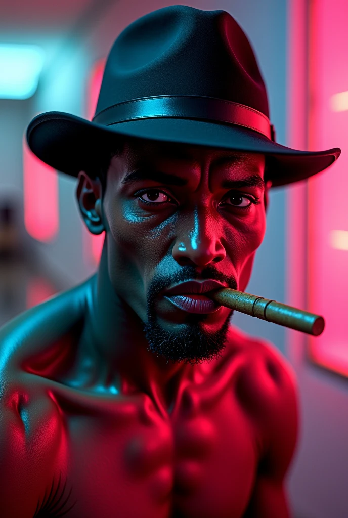 Strong dark-skinned rogue with a black beret covering his eyes, thin moustache, half-open red shirt with golden St. George necklace and smoking a cigar