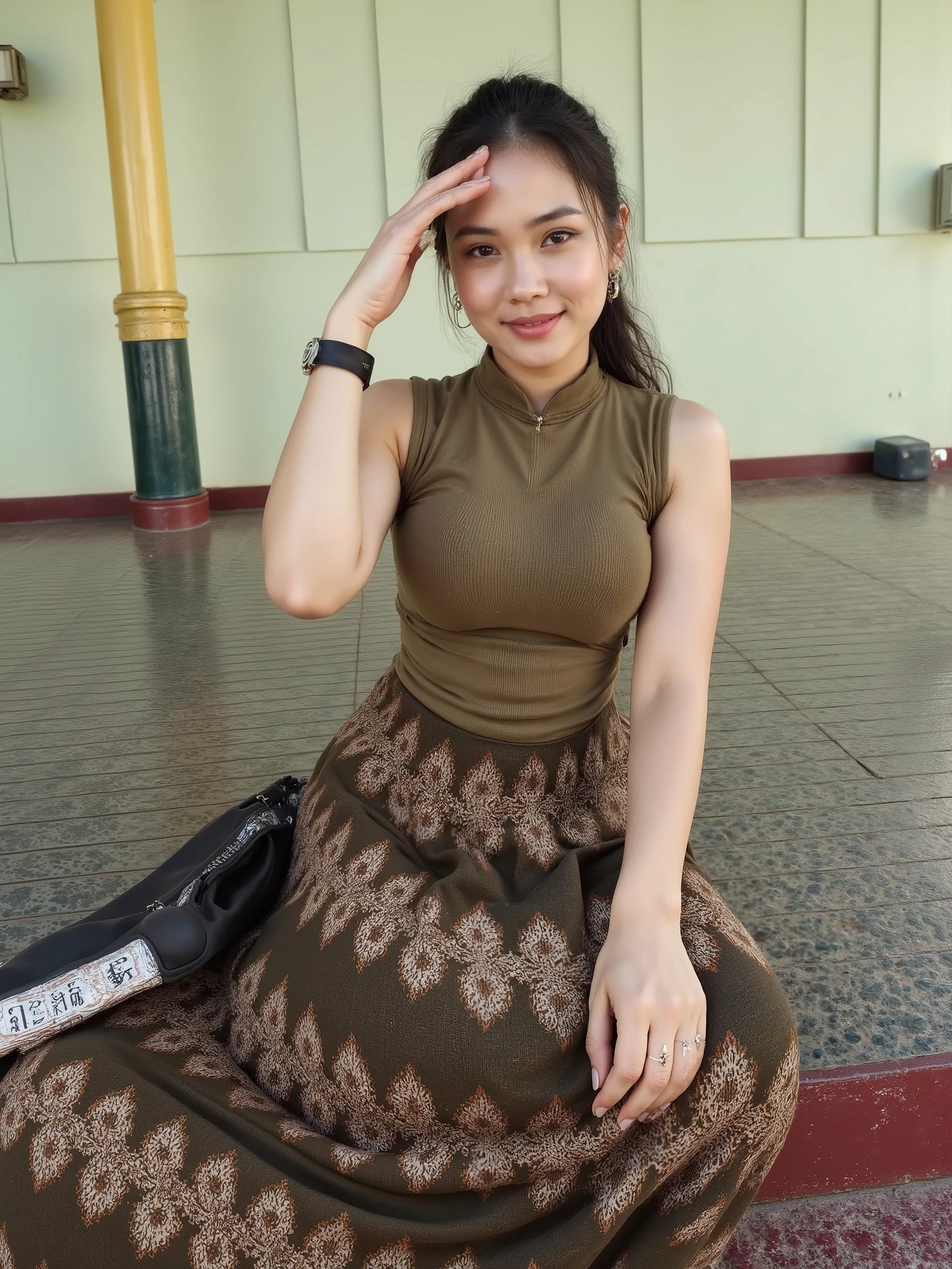Indonesian woman, thick body, cold atmosphere , thick cheeks , full body , random pose, wavy short hair , thick hips, 40 years old , slightly fat arms , slightly fat belly , thick thighs pants