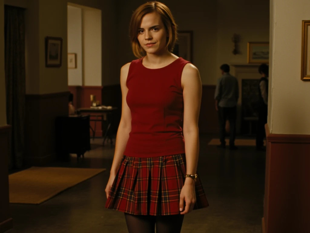 emma watson short red skirt curly hair