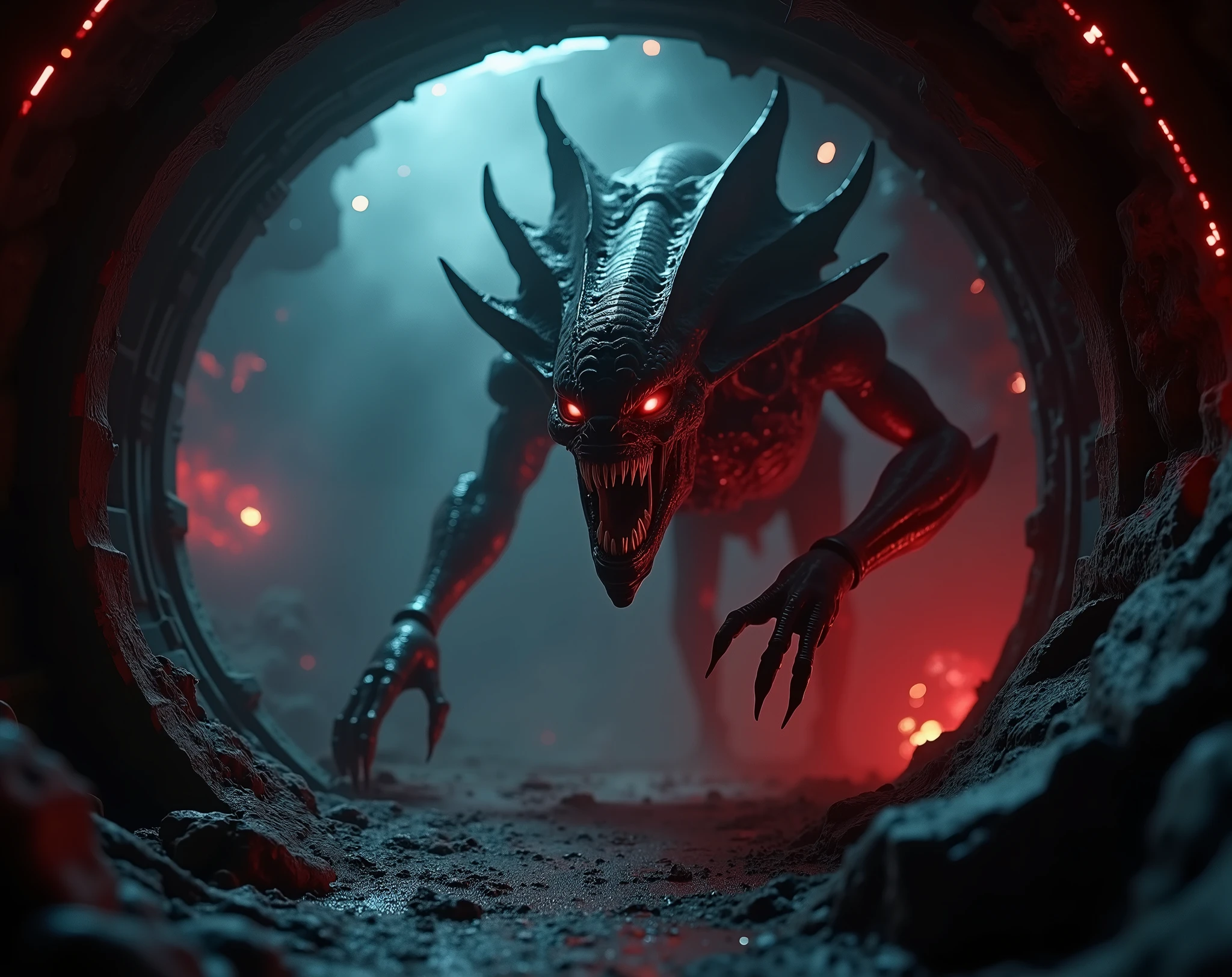 a photorealistic, ultra-detailed, 4k, high resolution, hyper-realistic, cinematic, dramatic, suspenseful scene from a sci-fi thriller space horror, a terrifying alien creature emerging from the depths of a dark, ominous spaceship, its sharp fangs and claws bared, glowing red eyes piercing through the shadowy atmosphere, the spaceship's interior filled with eerie, flickering lights and a sense of impending doom, the creature's menacing presence casting an ominous shadow across the scene, a sense of dread and unease permeating the environment, a masterful, photorealistic 3D rendering, vivid colors, intense chiaroscuro lighting, moody and atmospheric