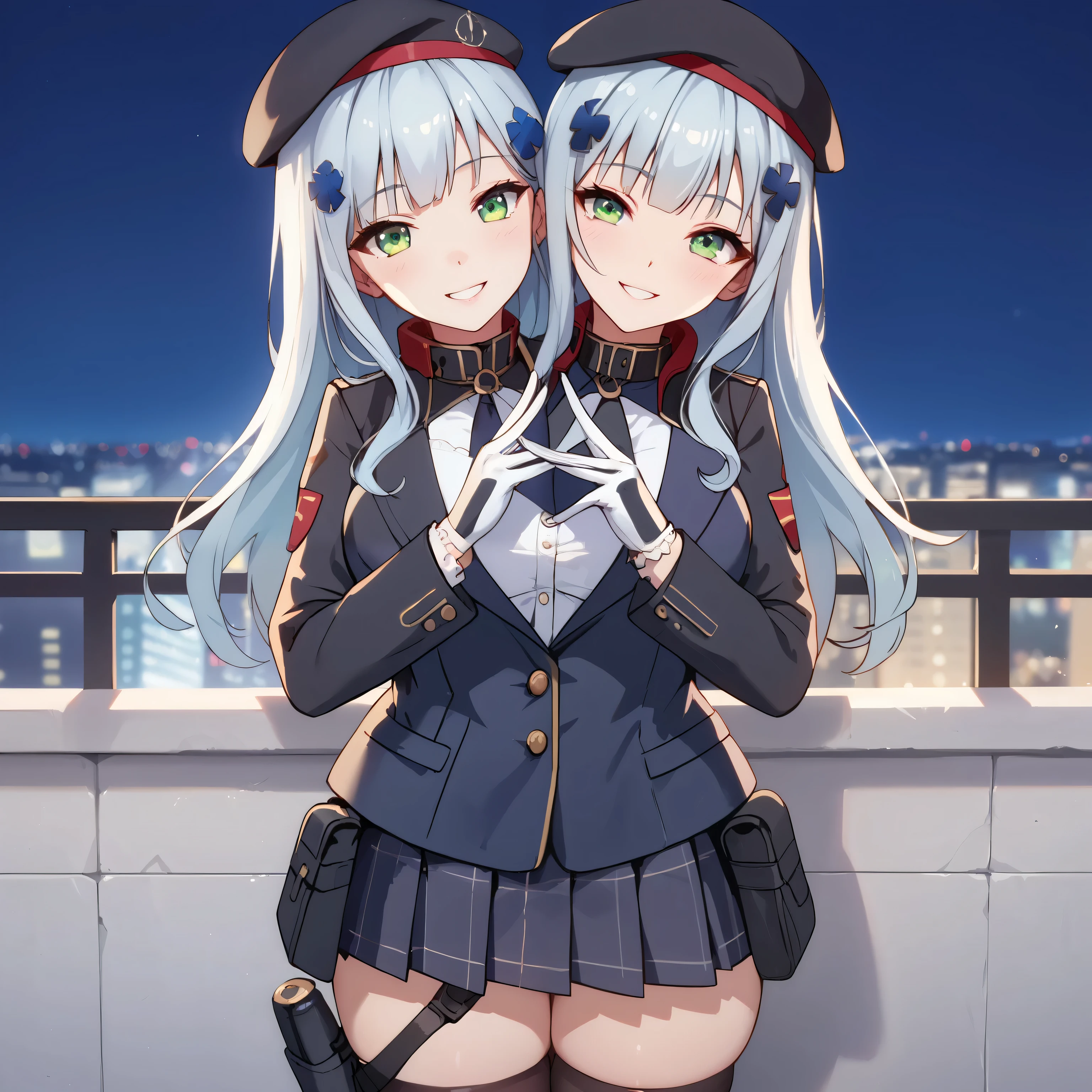 conjoined, 2girls, 2heads, two heads, a tall thin girls with 2 heads, conjoined, hk416, green eyes, long hair, hair ornament, black headwear, beret, white gloves, long sleeves, hair ornament, holster, jacket, pleated skirt, black thighhighs, front shots, city, night,