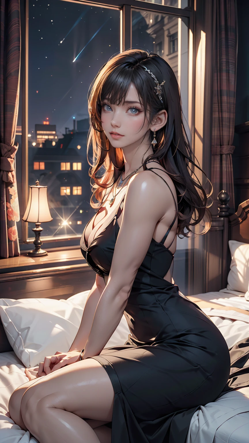 (delicate illustration:1.3),(masterpiece:1.0), (best quality:1.4), (ultra highres:1.2), (photorealistic:1.4), (8k, RAW photo:1.2), (sharp focus:1.3), full body, (23yo:1.3), (((1 girl wearing detailed off-the-shoulder knit one-piece dress))), (dark colored clothes), (((city background))), ((brown contacts, sweaty white skin)) , collar bone, huge breasts, (happy smile), scenery, bangs:1.2, beautiful detailed eyes, (face focus), looking into the camera, slim, slender waist, thin leg, (cute), (beautiful), view from above, pureerosface_v1, ulzzang-6500-v1.1