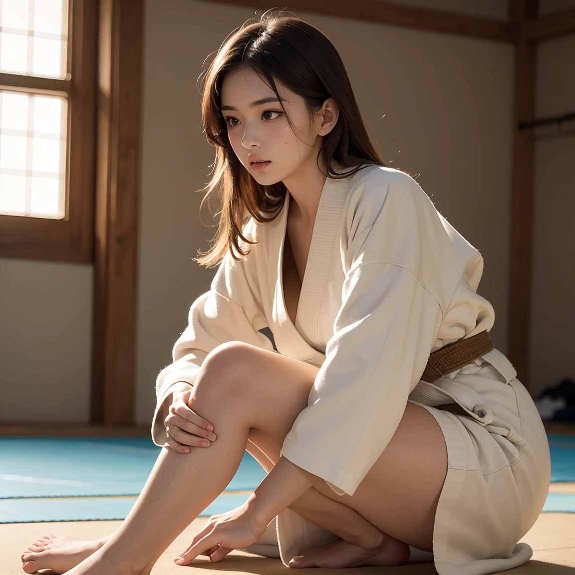(8K、RAW photogr、quality、masutepiece:1.2)、(Realistic、真实感:1.37)、perfect body type、20 years old with brown hair、Sexy Women、flat-chest、(Photographing a subject from an angle)、(Underbust)、under below、oilly skin、skinny、 (sexy judo gi,under belowにわずかに見えます)、(Judo uniform,nipples are clearly visible 、white judo uniform judo belt、Happy smiley face、((looking at viewert、Knees on the floor))、Be red in the face、Tatami mats,Colossal tits,Huge breasts,垂れunder belowがる胸,slim,being thin,swollen breasts,crisp breasts while breastfeeding,lactation,small breasts with rounded upturn,