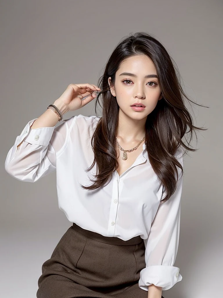 Gray background、pubic hair、Large Breasts、Thighs、(((Glaring)))、Curly Hair、Disheveled Hair、Cute woman、high school girl、White shirt、Navy frill mini skirt、Open chest shirt、tie、smile、A shirt with underwear showing through、