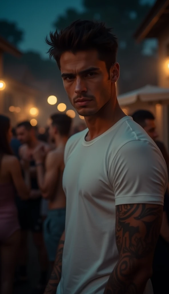 photo of a stunning handsome muscular Thai man, no female, honey eyes, short buzz cut messy windy dark brown hair, short hair, closeup zoomed in tight crop portrait, walking down a (city street scene:1.2) wearing a (linen shorts no shirt:1.3) (beach slippers on his hand:1.3) (Lighting-golden:1.2) foreground objects background details (masterpiece:1.2) (photorealistic:1.2) (bokeh:1.2) (best quality) (color grading) (detailed skin:1.3) (intricate) (8k) (HDR) (cinematic lighting:1.3) (sharp focus), buzz cut hair Thailand