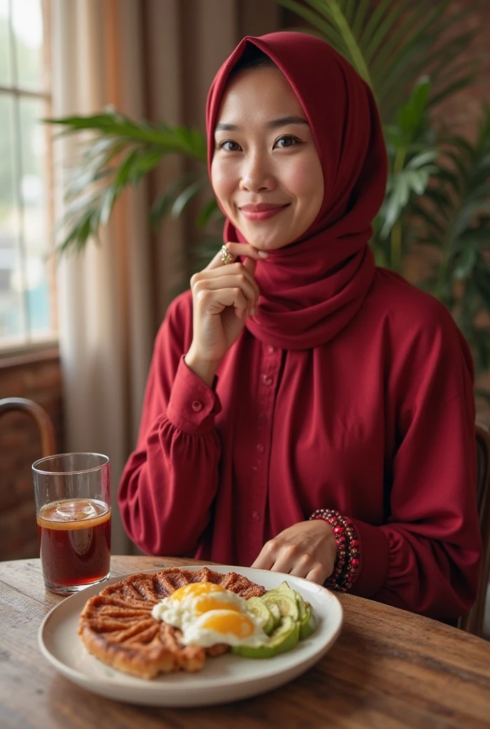 A beautiful Malay lady wearing hijab eating nasi lemak.in front of her there is fresh orange in the glass.she is smiling with mesmerising expression.